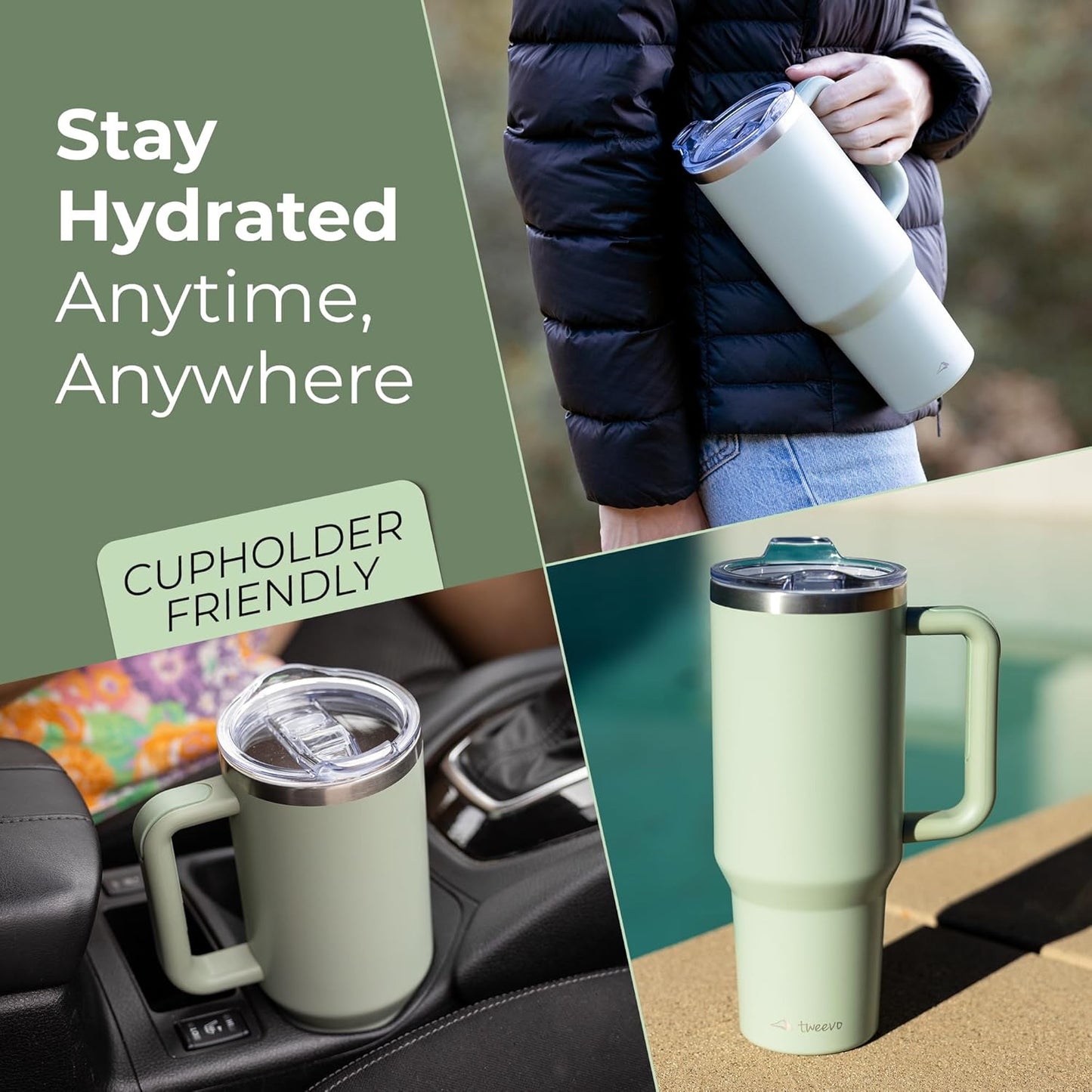 40 oz Tumbler With Handle and Straw Made of Stainless Steel - Double Wall Vacuum Insulated Tumbler With Lid - Sweat Proof Easy Grip, BPA-Free, Dishwasher Safe Tumbler (Sea Sage)