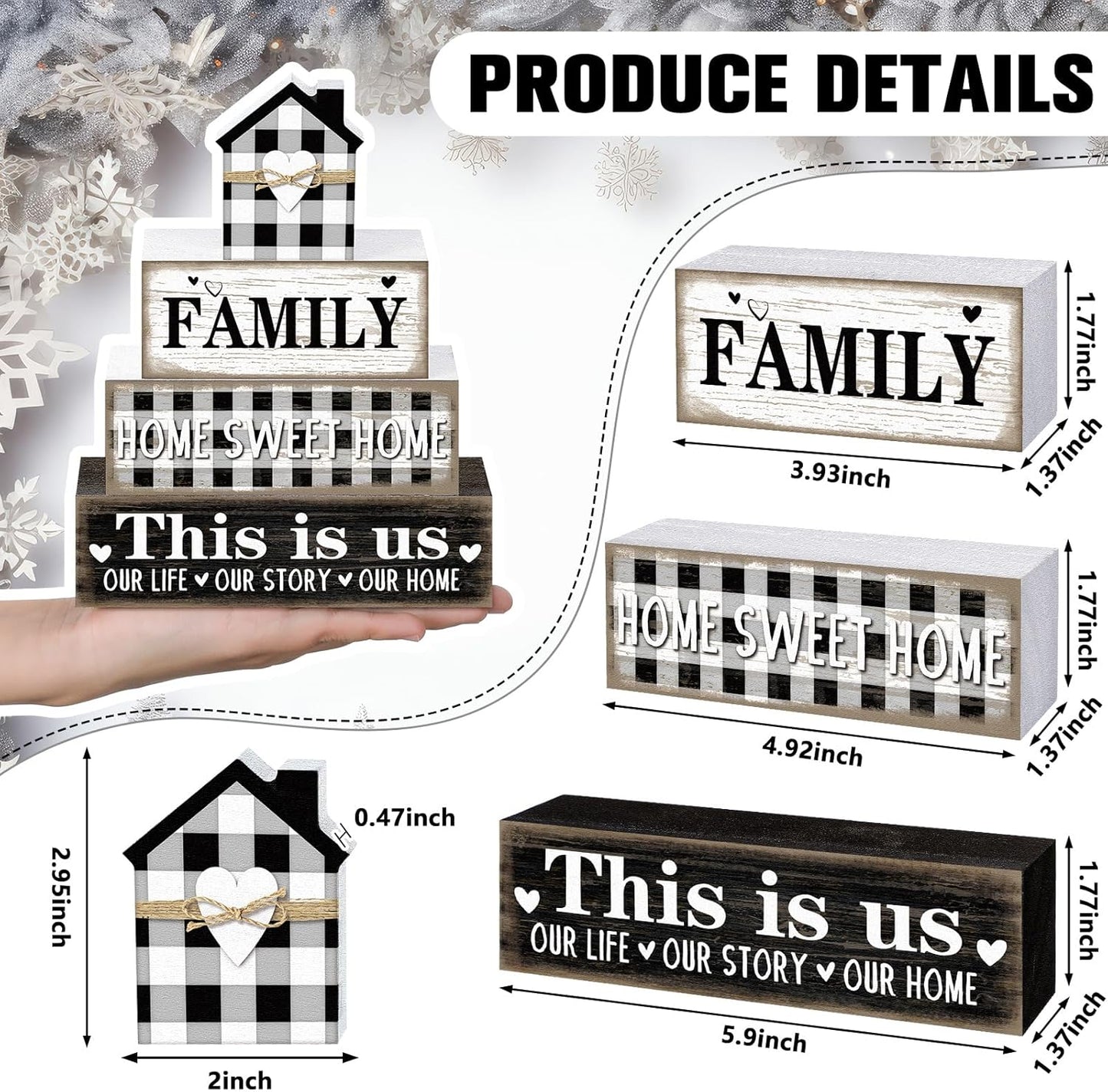 Farmhouse Wooden Tabletop Decor Rustic Home Sweet Home Table Centerpieces This Is Us Block Sign Black and White Buffalo Plaid Table Decor for Kitchen Shelf Desk Mantel Tiered Tray Decoration