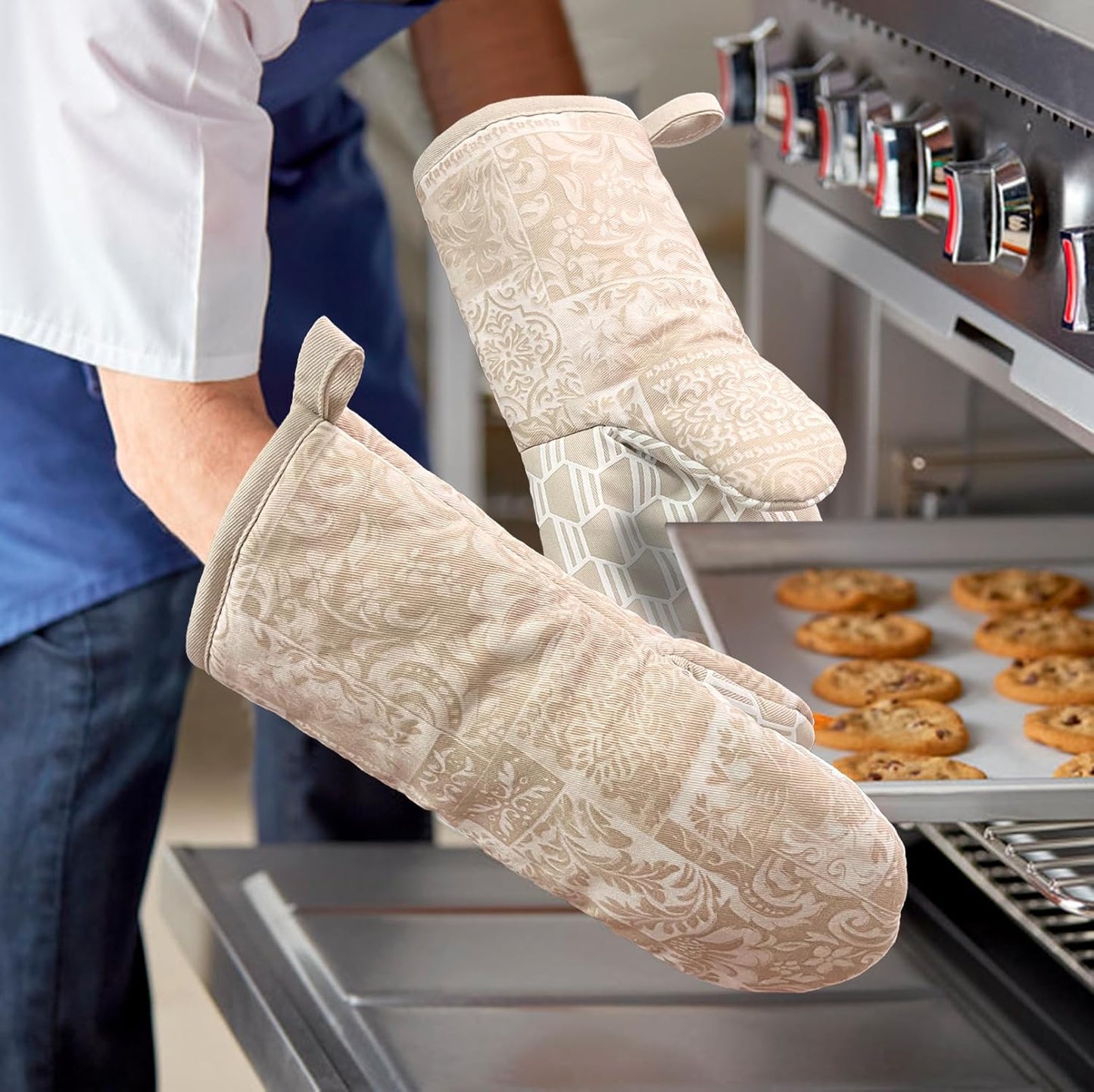 Thumb Oven Mitts, Heat and Slip Resistant Silicone Kitchen Mittens 2-Pack Set, Khaki Patchwork Flower Soft Long Oven Gloves, Flexible Thick Potholders for Safe Baking Cooking and Grill(Khaki)