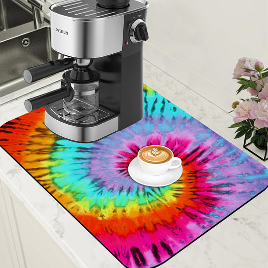 Dish Drying Mat Colorful Tie Dye Coffee Bar Mat for Countertop Absorbent Rubber Backed Hide Stain Dish Drainer Rack Pad Coffee Pot Espresso Machine Dining Room Decoration 15.7 x 23.6 Inch