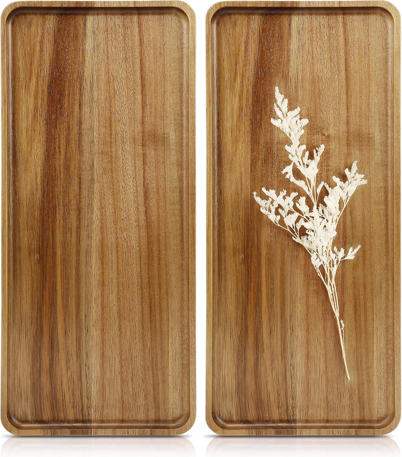 2 pcs 15.7" x 7" Large Solid Acacia Wood Serving Trays Rectangular Wooden Serving Platters Natural Wooden Boards for Bar Coffee Party