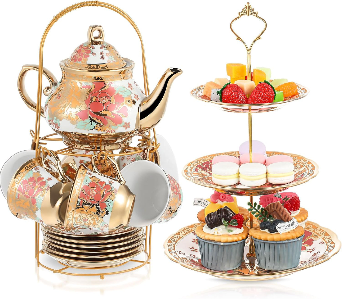 Maxcheck 21 Pcs Tea Party Set for Adults European Floral Tea Set with Metal Holder and 3 Tier Ceramic Cake Stand Porcelain Flower Cup Teapot for Dessert Cupcake(Vintage Style)