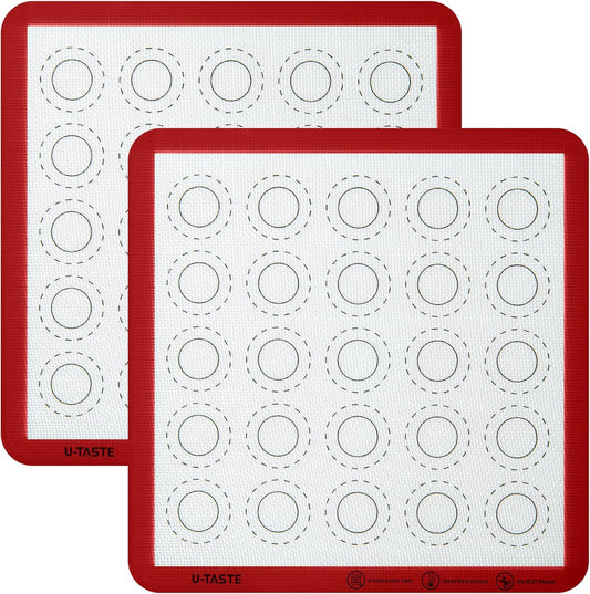 446ºF Heat Resistant Macaron Mat: U-Taste 11x11in Non Stick Silicone Baking Mat, Reusable Cookies Pastry Sheet Liner with Edge Enhancement & Circle Measurement for Square Cake Pan (2 PCS, Red)