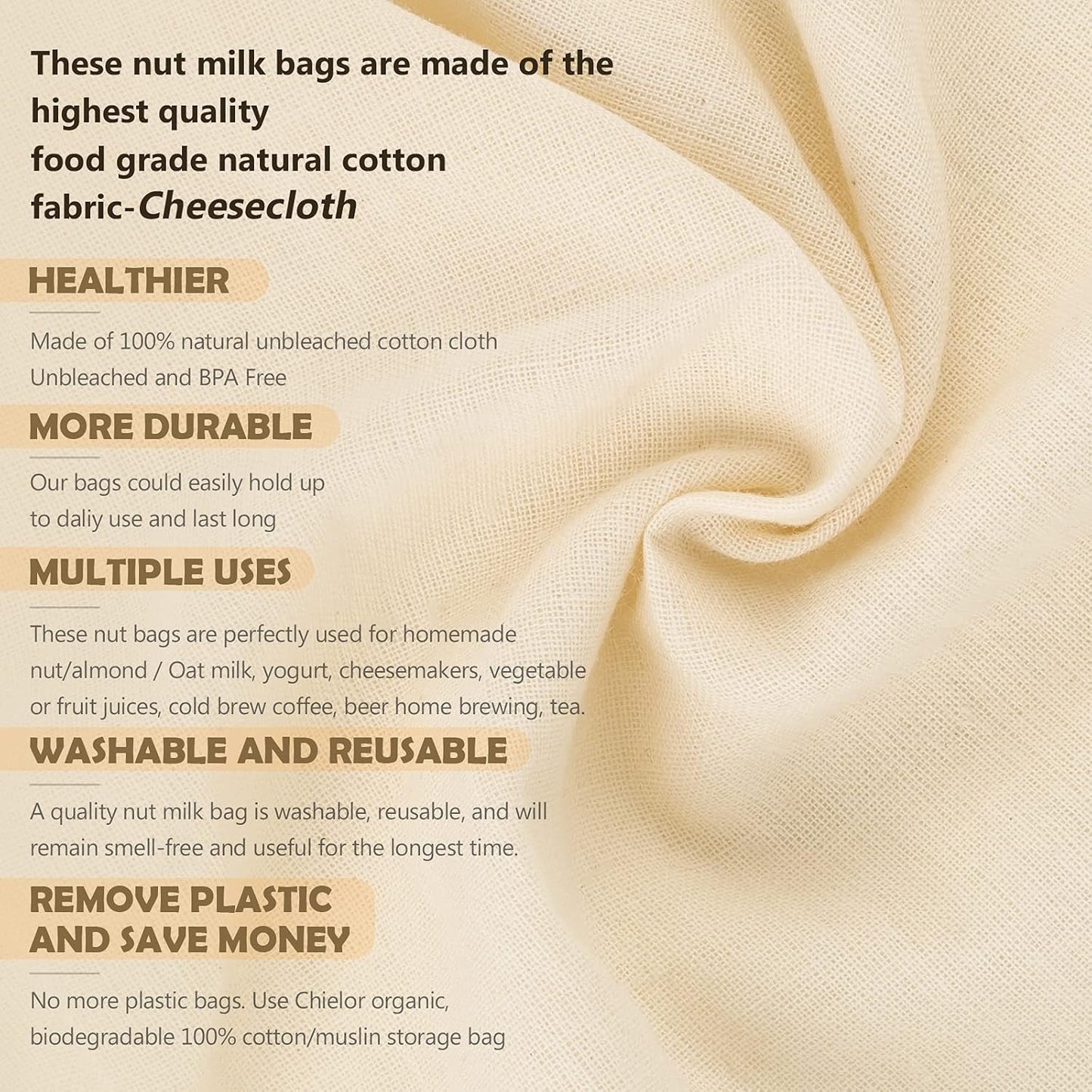 10 Pack Nut Milk Bag, 12‘’ x 14‘’ Fine Mesh Grade Reusable Cheesecloth Bags Strainers, Unbleached Organic Cotton Filter Bags for Almond Milk, Juices, ColdBrew, Cheese, Tea, Yogurt, Coffee