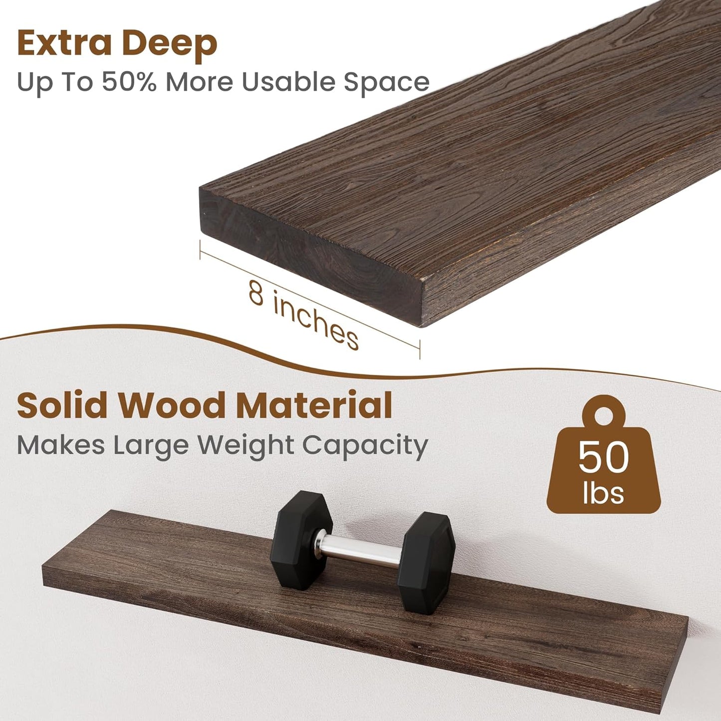 Floating Shelves for Wall Decor, 8 Inch Deep Rustic Solid Elm Wood Floating Shelves Wall Mounted, Wall Shelves with Invisible Bracket for Living Room Bathroom Bedroom Kitchen, 36 Inch Set of 2, Walnut