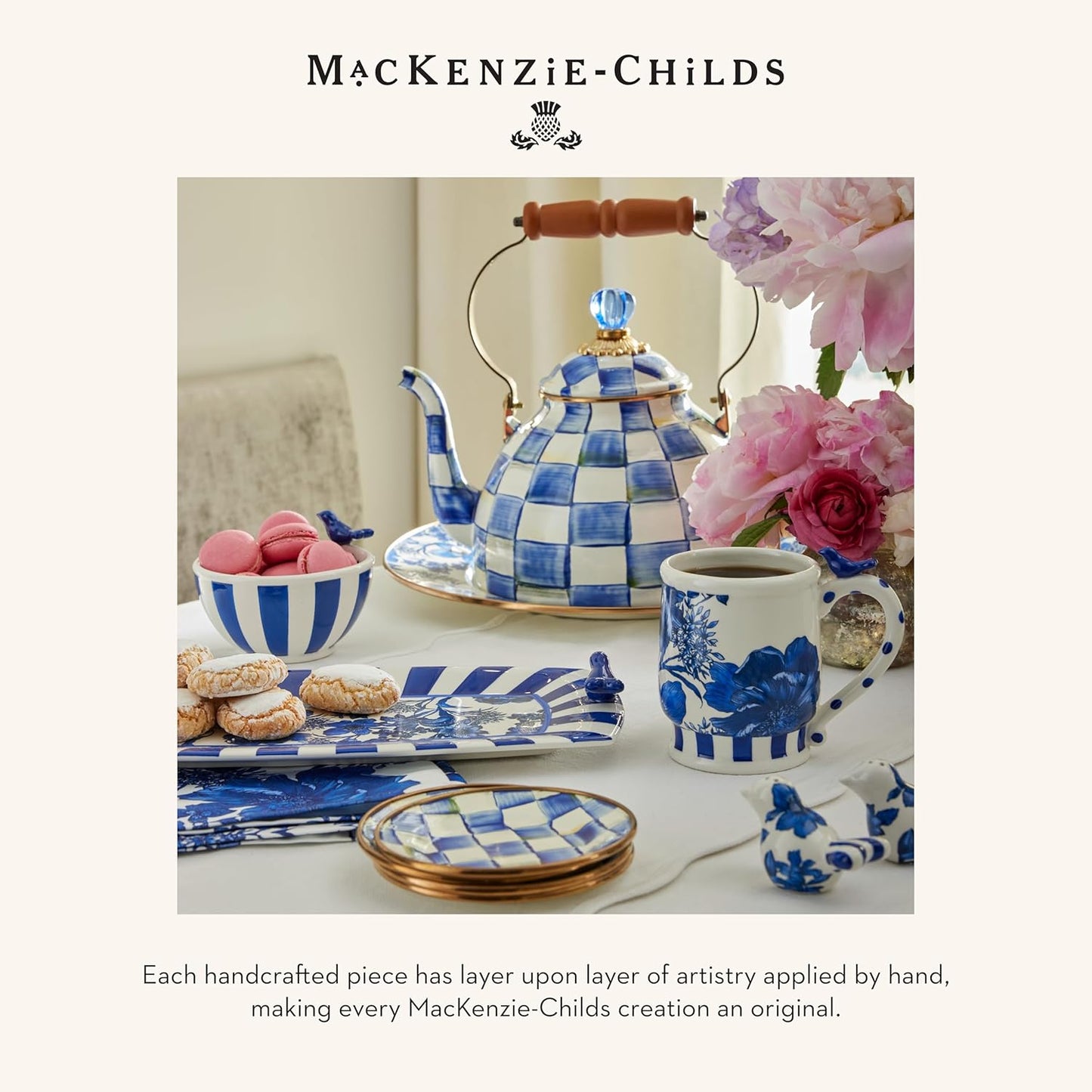 MACKENZIE-CHILDS Enamel Squashed Pot, Cute Enameled Container with Lid, 20 Ounces, Blue-and-White Royal Check