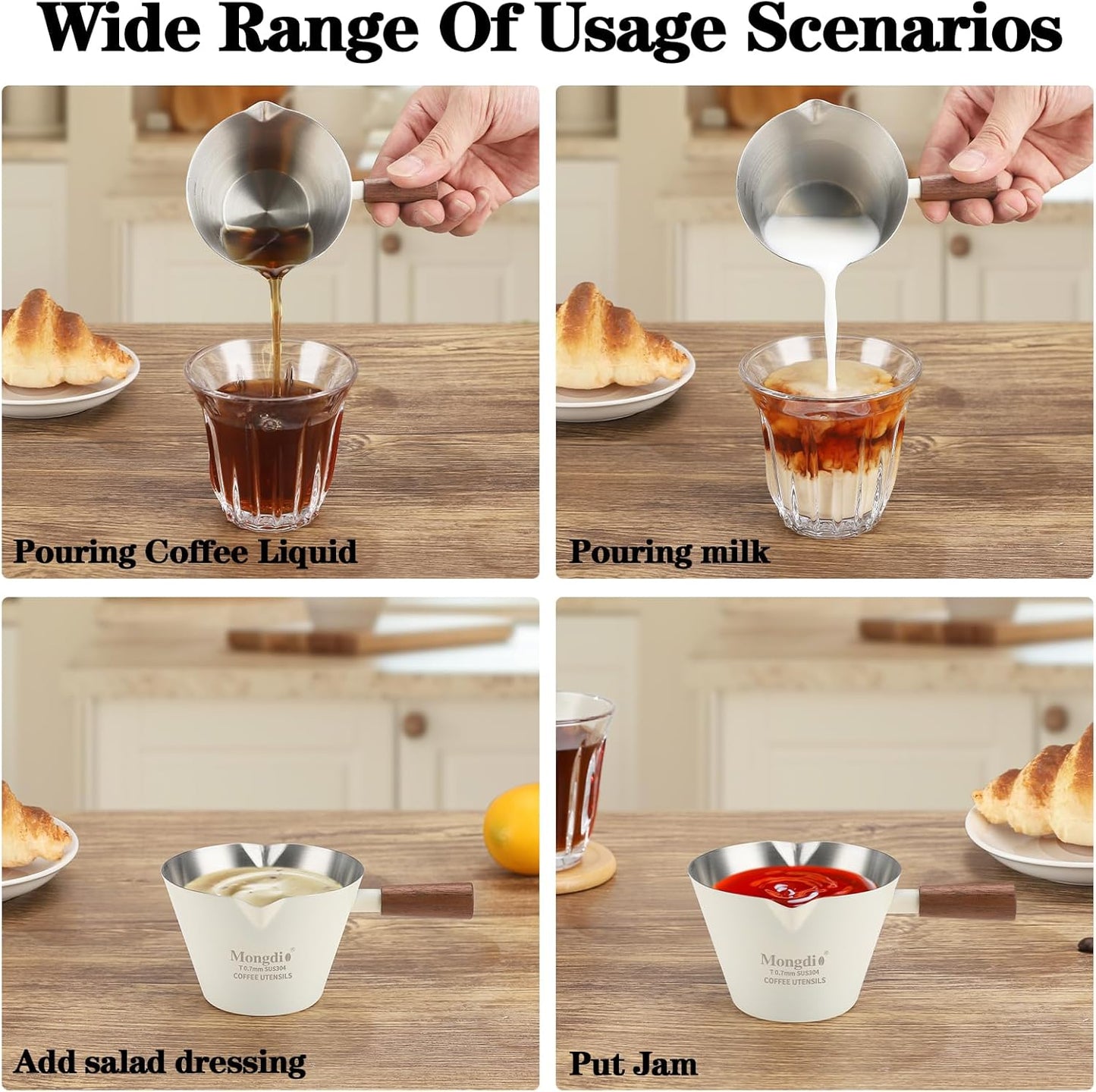 Mongdio Espresso Measuring Cup, Stainless Steel Espresso Shot Cups with Wooden Handle and Double Spouts, 6.8OZ/200ML, White