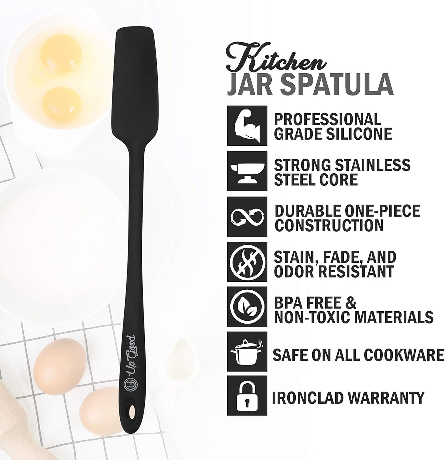 Silicone Jar Spatula | 600F Heat Resistant Non-Stick Rubber Scraper | Perfect for Jars, Smoothies, Blenders | One Piece Utensils | Durable Kitchen Cookware (UpGood Professional Spatulas, Black)
