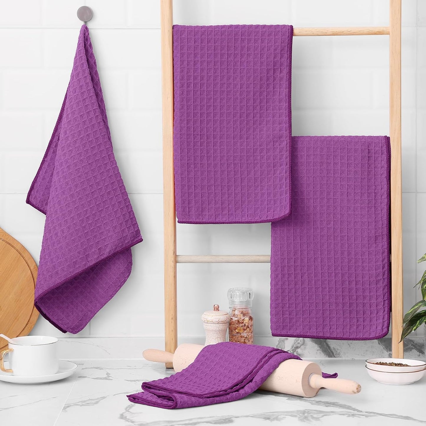 Homaxy Microfiber Waffle Weave Kitchen Towels, 16 x 28 Inch Ultra Absorbent and Solid Color Dish Towels, 8 Pack, Purple