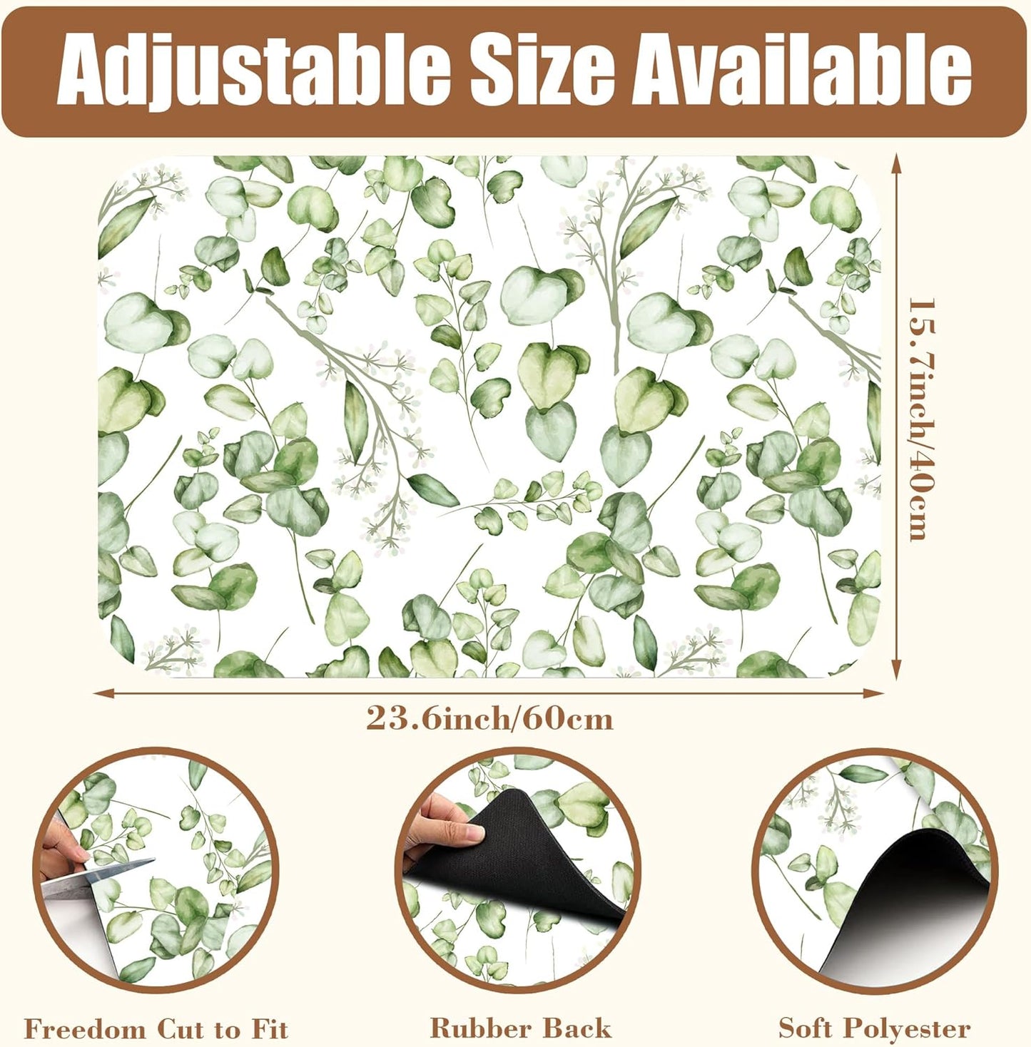 Eucalyptus Leaves Dish Drying Mat for Kitchen Counter Coffee Mat Hide Stain Absorbent Rubber Backed Drying Rack Pad Espresso Machine Coffee Bar Accessories 15.7 x 23.6 Inch