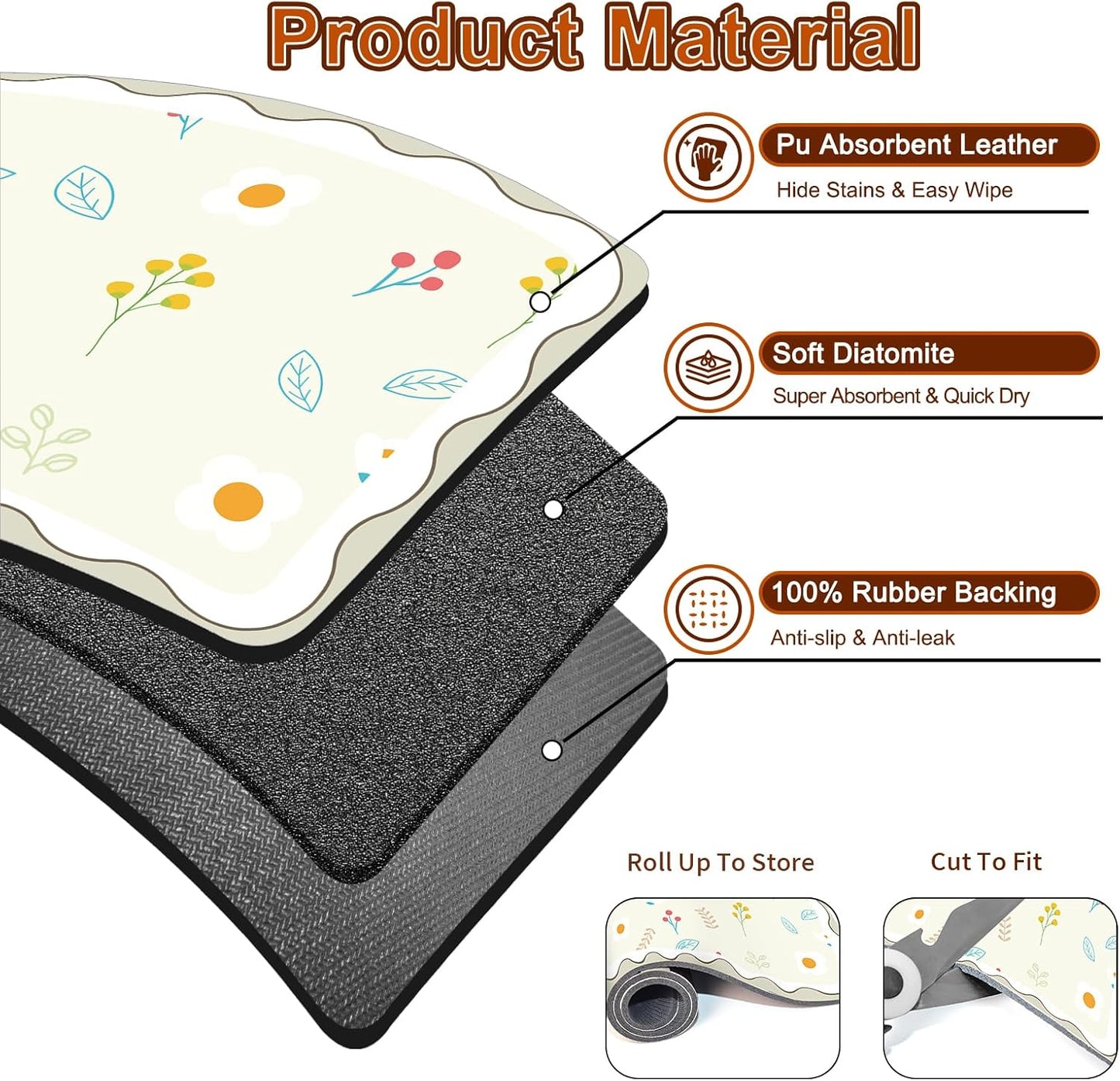 Dish Drying Mat for Kitchen Counter, 12" X 20" Absorbent Coffee Maker Mat for Countertops, Easy to Clean Kitchen Drying Matt Rubber Backing for Coffee Espresso Machine Dish Rack Pad, Cute Flower