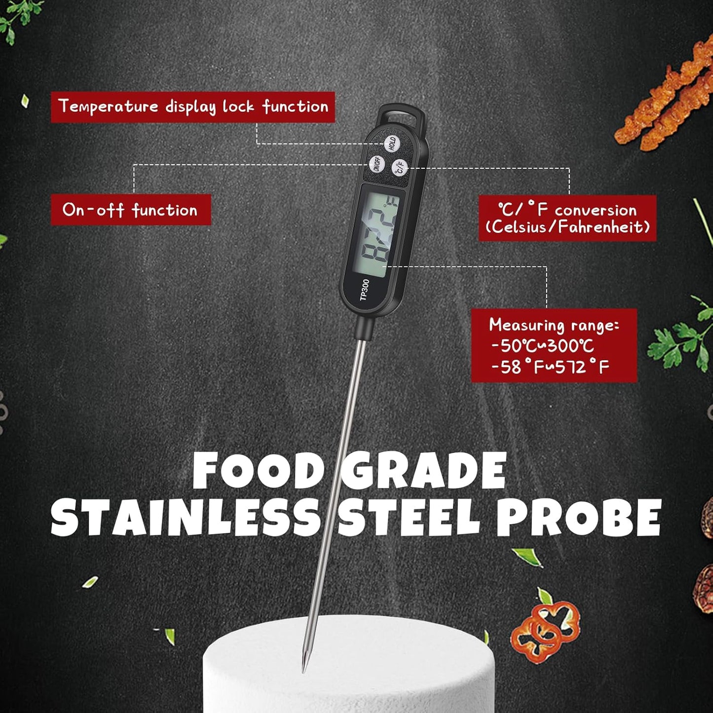 Meat Food Thermometer Food with Probe Water Liquid Instant Read Digital Thermometer Kitchen Cooking Supplies for Cooking BBQ Milk Yogurt (Black)