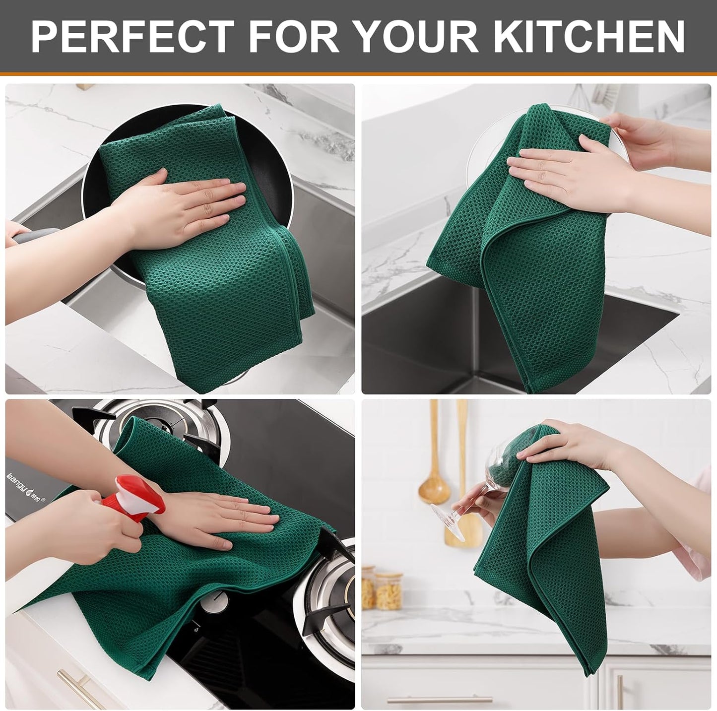 Kitinjoy 100% Cotton Waffle Weave Kitchen Towels, 6-Pack Super Soft and Absorbent Dish Towels for Drying Dishes, Kitchen Hand Towels, 13 in x 28 in, Dark Green