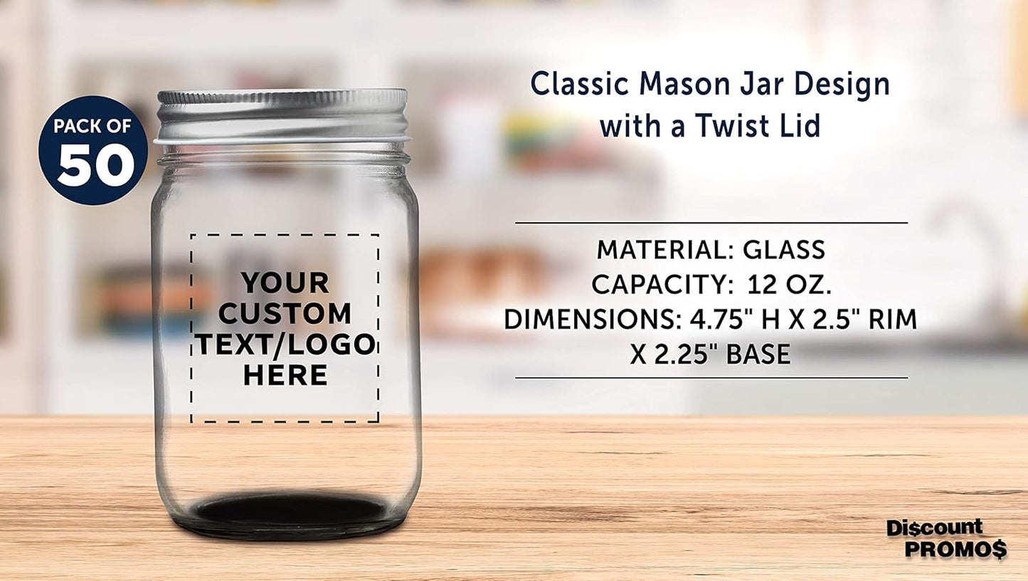 DISCOUNT PROMOS 50 Decorating Mason Jars Set, 12 oz. - Customizable Text, Logo - Canning, Aluminum Lid - Black