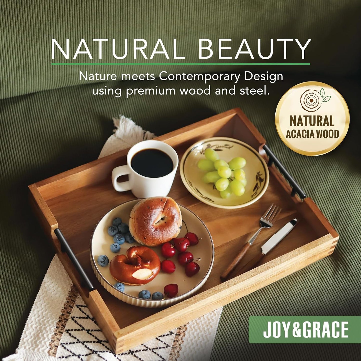 Joy&Grace Ottoman Tray for Living Room 16.7 x 12.8 inch Large Acacia Wooden Serving Tray with Handles for Coffee Table, Breakfast in Bed, Food Dinner, Decorative Rectangular Tray (Color Natural)