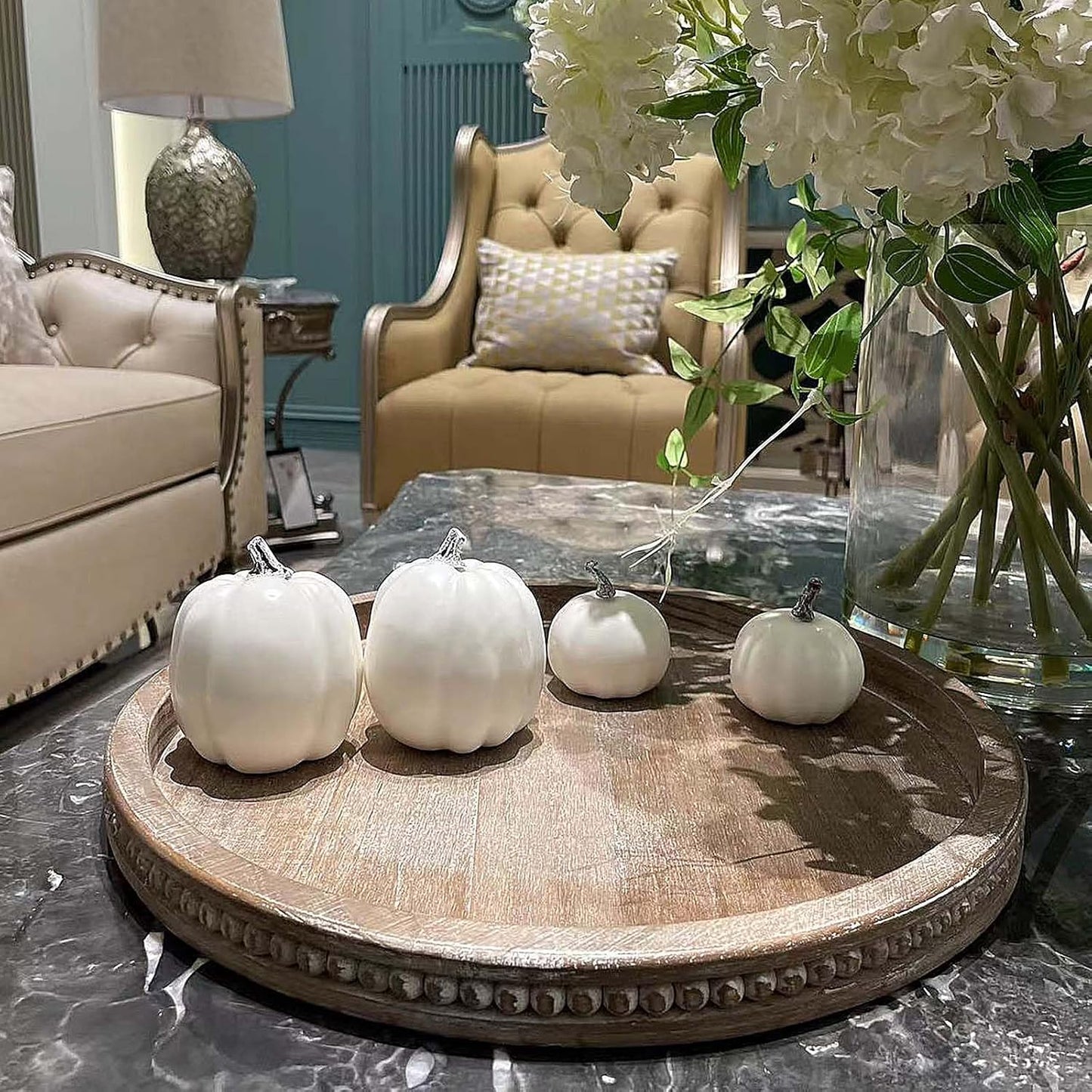 Round Wood Decorative Tray - Brown Washed Bead Tray for Coffee Table Wood Serving Tray Wooden Trays Decor Kitchen Counter Circle Tray Vintage Centerpiece for Living Room Candle Holder (15.75 inch)