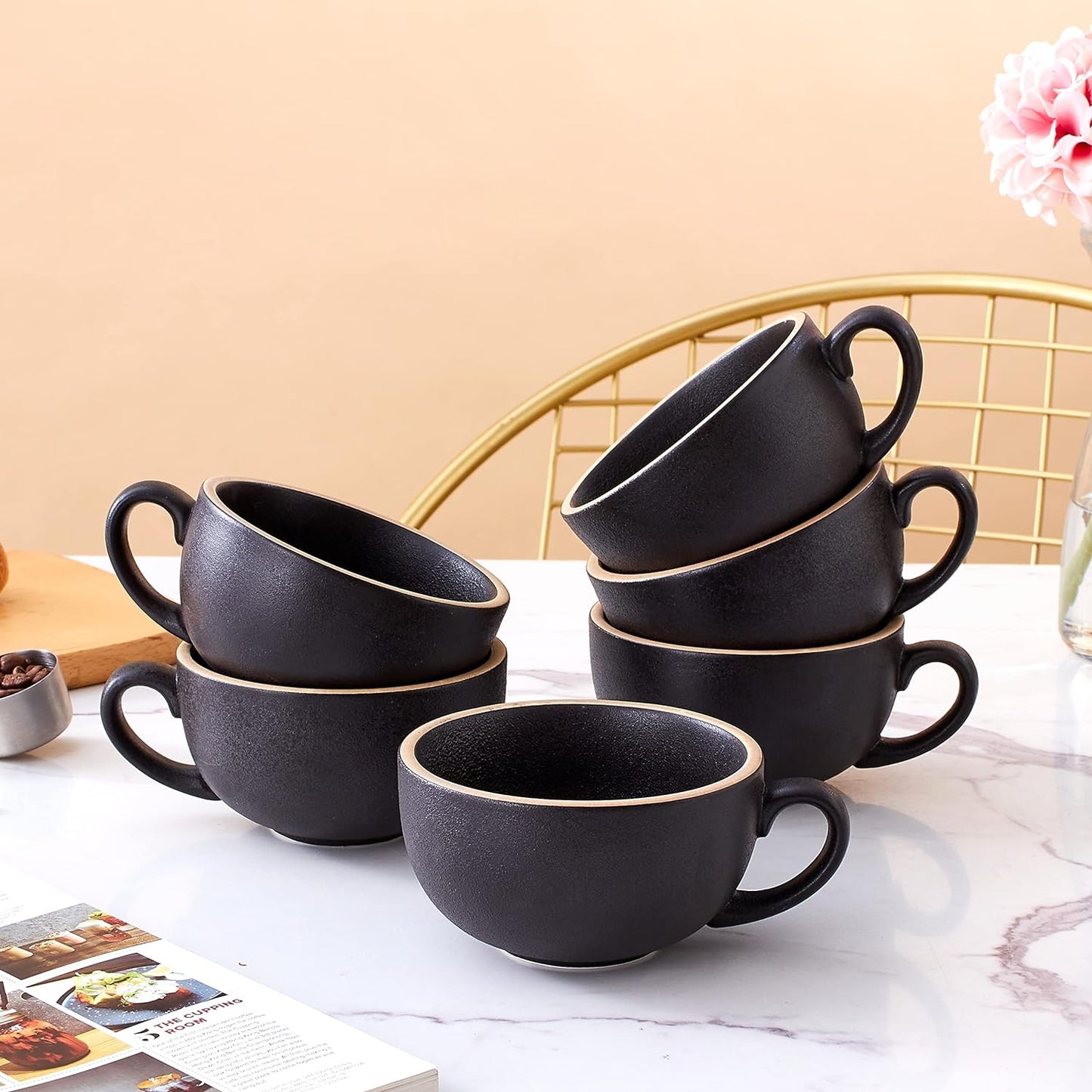 Set of 6 Cups Vintage Design 12 oz Professional Barista Ceramic Latte Art Cappuccino Cups Set (Rough Black * 6)