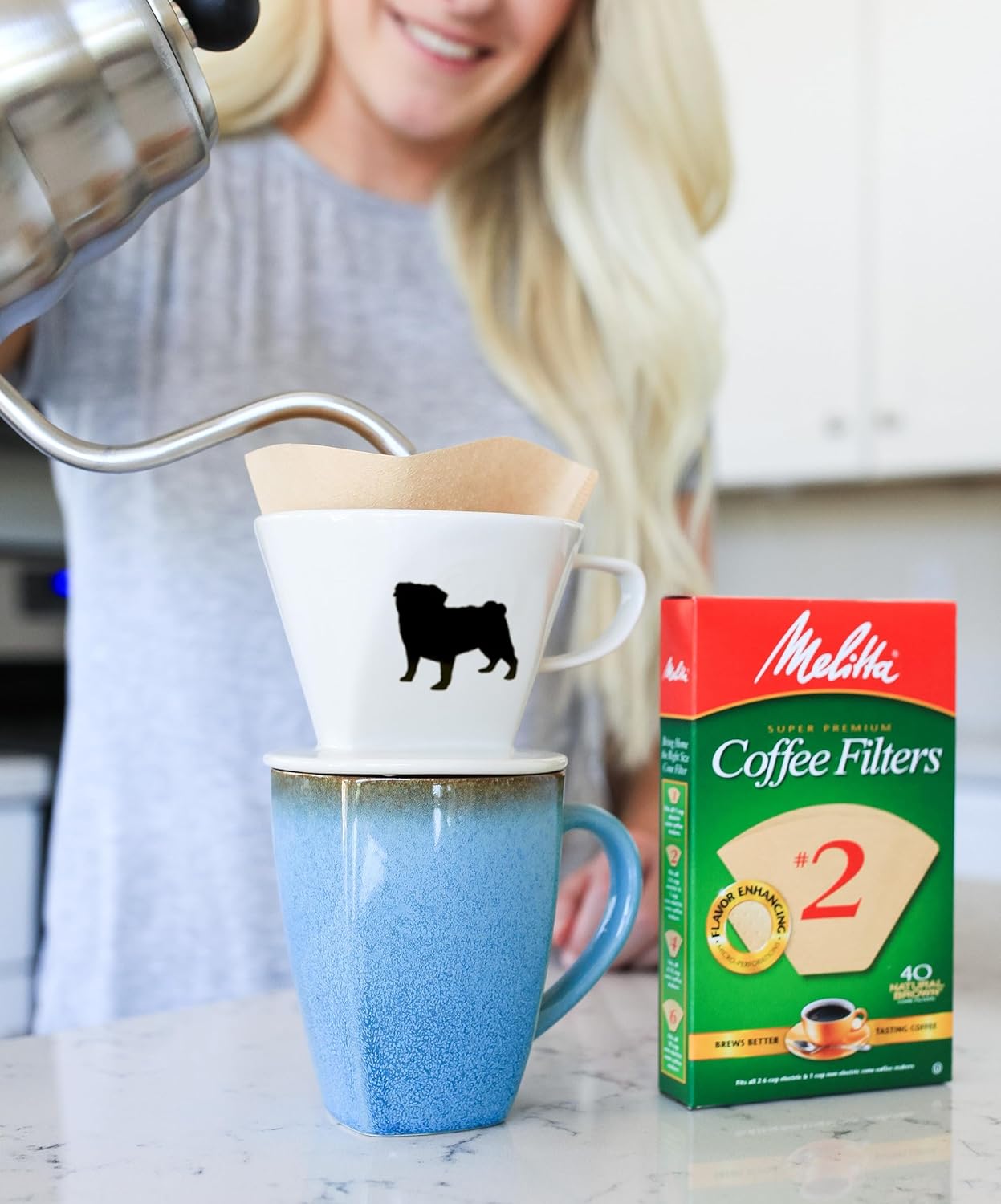 Pug Coffee Pour Over Single Cup Ceramic Brewer Coffee Maker with Melitta Filters