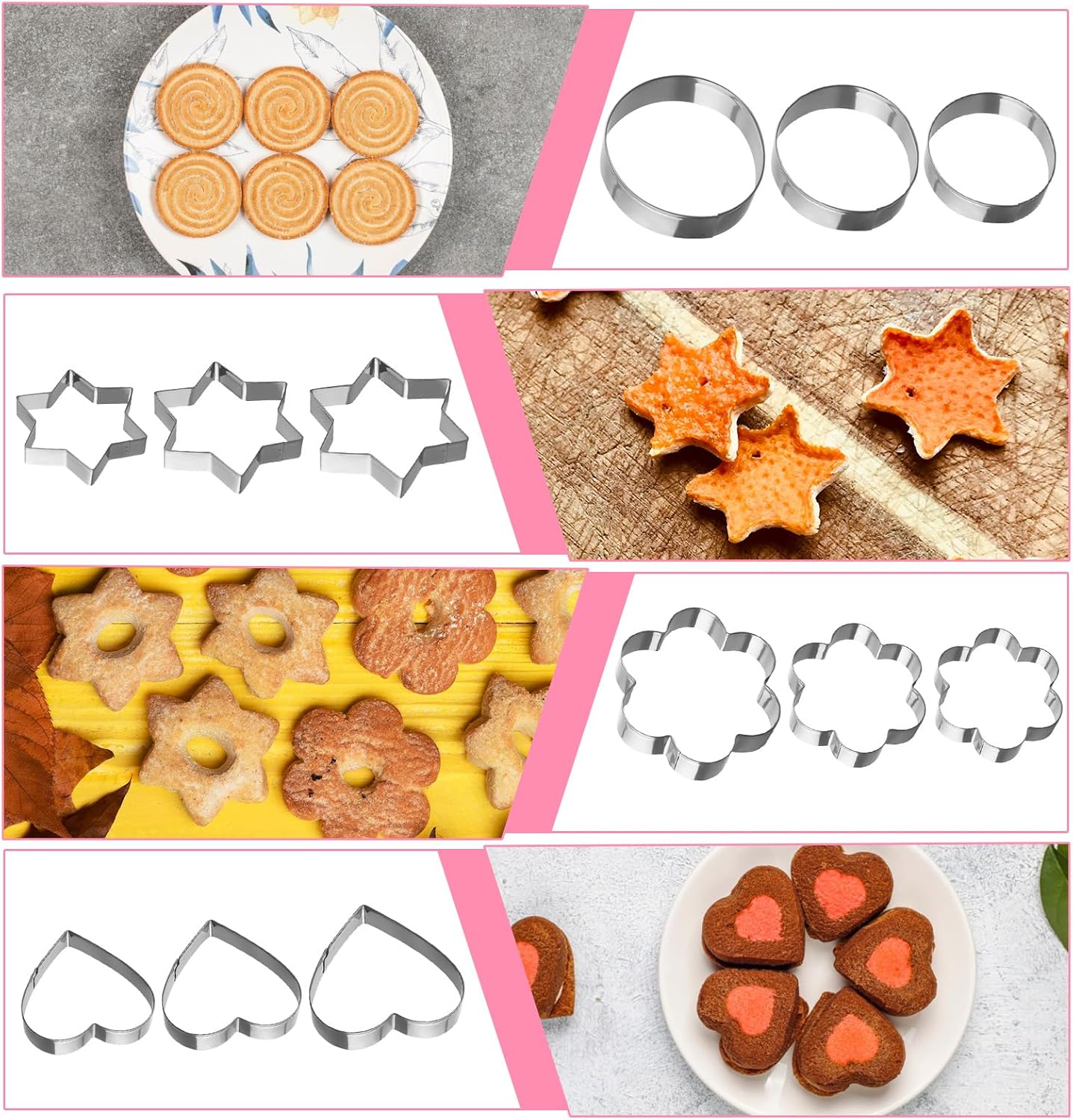 12 Pcs Cookie Cutters Biscuit Cutter Fruit Cutter Shapes Stainless Steel Fondant Cake Mold Heart Flower Star Round Shapes Metal Cutters for Baking