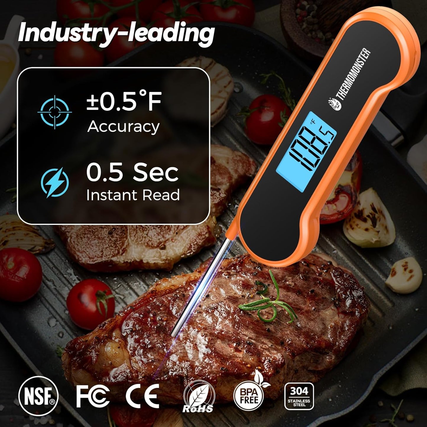 0.5 Sec Instant Read Meat Thermometer Digital with ±0.5℉ Precision, 100% Waterproof Auto Flip Bright LCD Screen, Motion Sensing Food Thermometer for Cooking Kitchen Oven Grill Candy BBQ, Orange