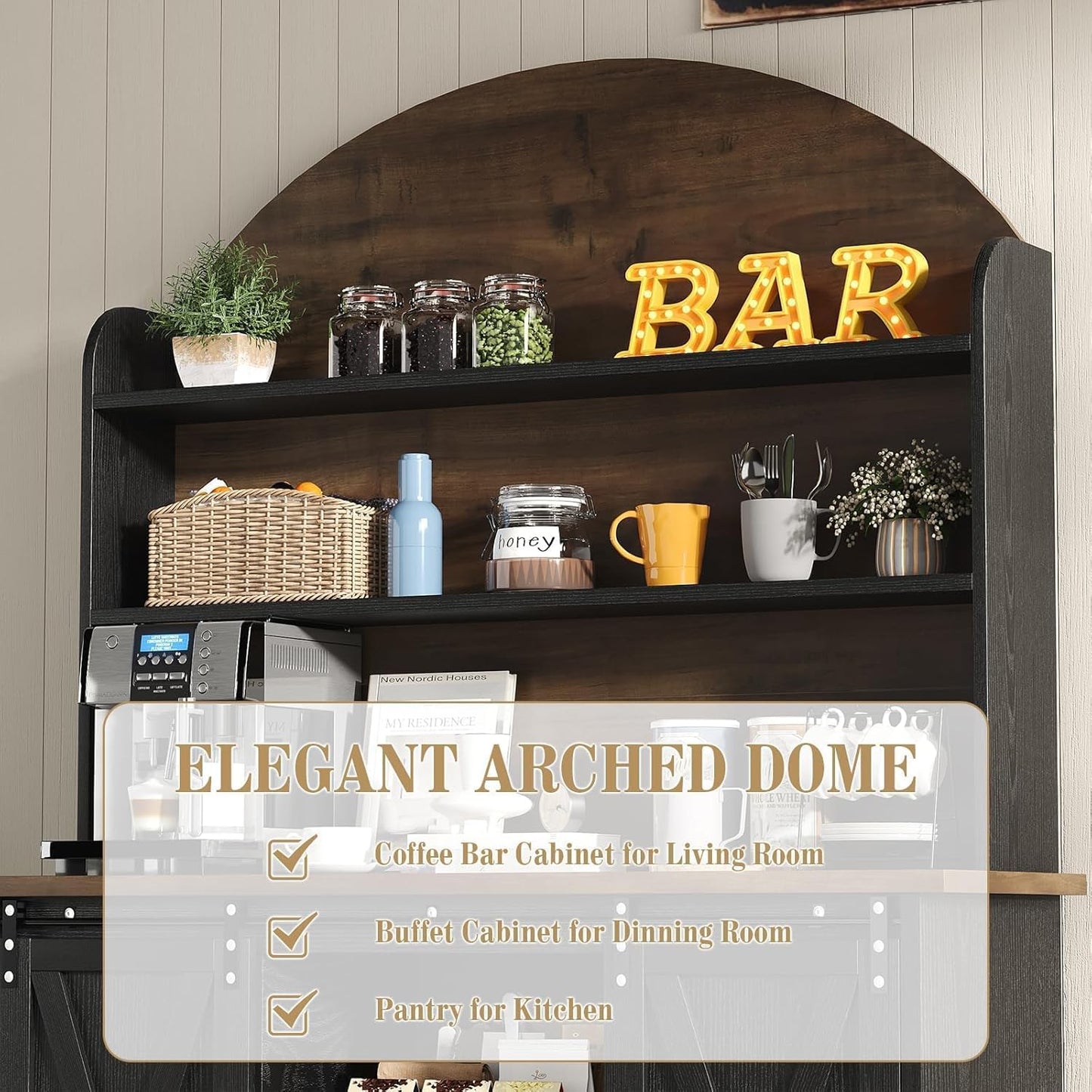 63" Farmhouse Coffee Bar Cabinet with Storage, Black Coffee Bar with Sliding Doors & Wine Racks, Hutch Cabinet with Storage, Adjustable Shelves, Wine Bar for Kitchen Living Dining Room, Black