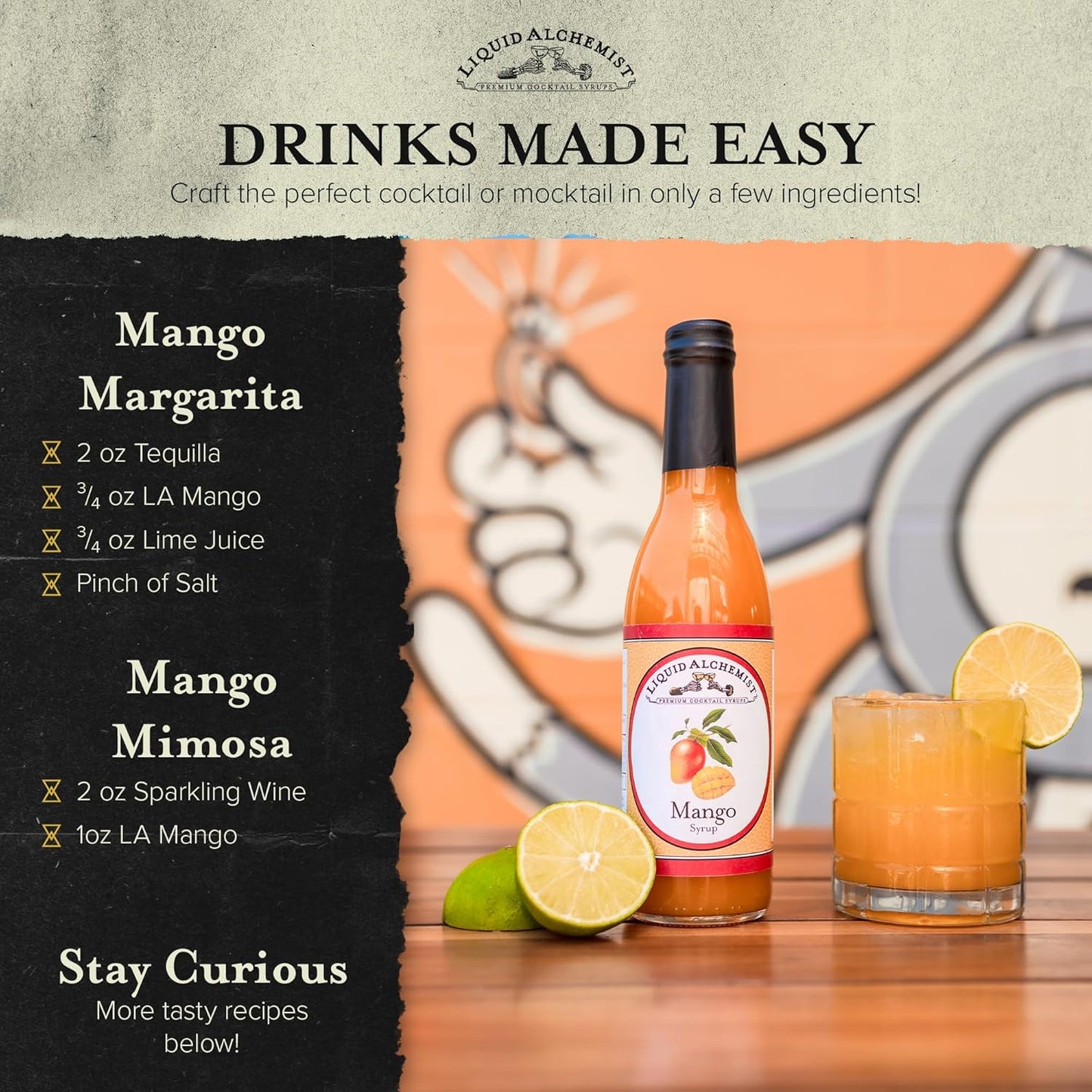 Liquid Alchemist Mango Syrup for Drinks - Real Ingredients Make our Mango Puree for Cocktails the Perfect Margarita Mix - Our Tropical Cocktail Syrup are Small Batch, Non-GMO & Vegan (25 oz)