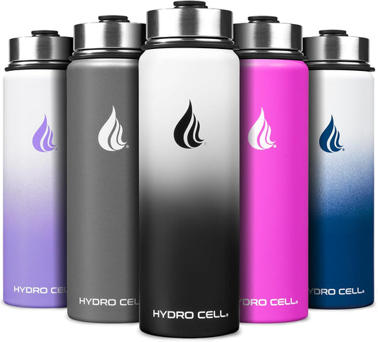 HYDRO CELL Stainless Steel Insulated Water Bottle with Straw - For Cold & Hot Drinks - Metal Vacuum Flask with Screw Cap and Modern Leakproof Sport Thermos for Adults (Black/White 24oz)