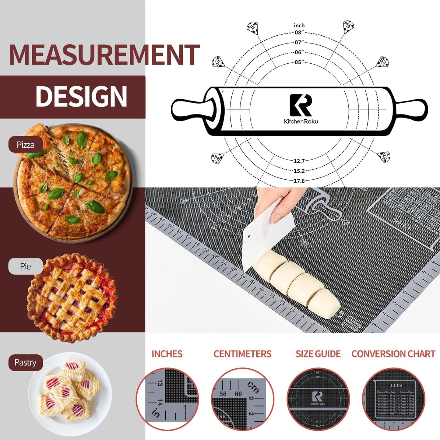 Silicone Pastry Mat Extra Large with Measurements 26''x16'' for Reusable,Non-slip Silicone Baking Mat, Counter, Dough Rolling, Oven Liner,Fondant/Pie Crust (Translucent_Grey, 16''W x 26''L)