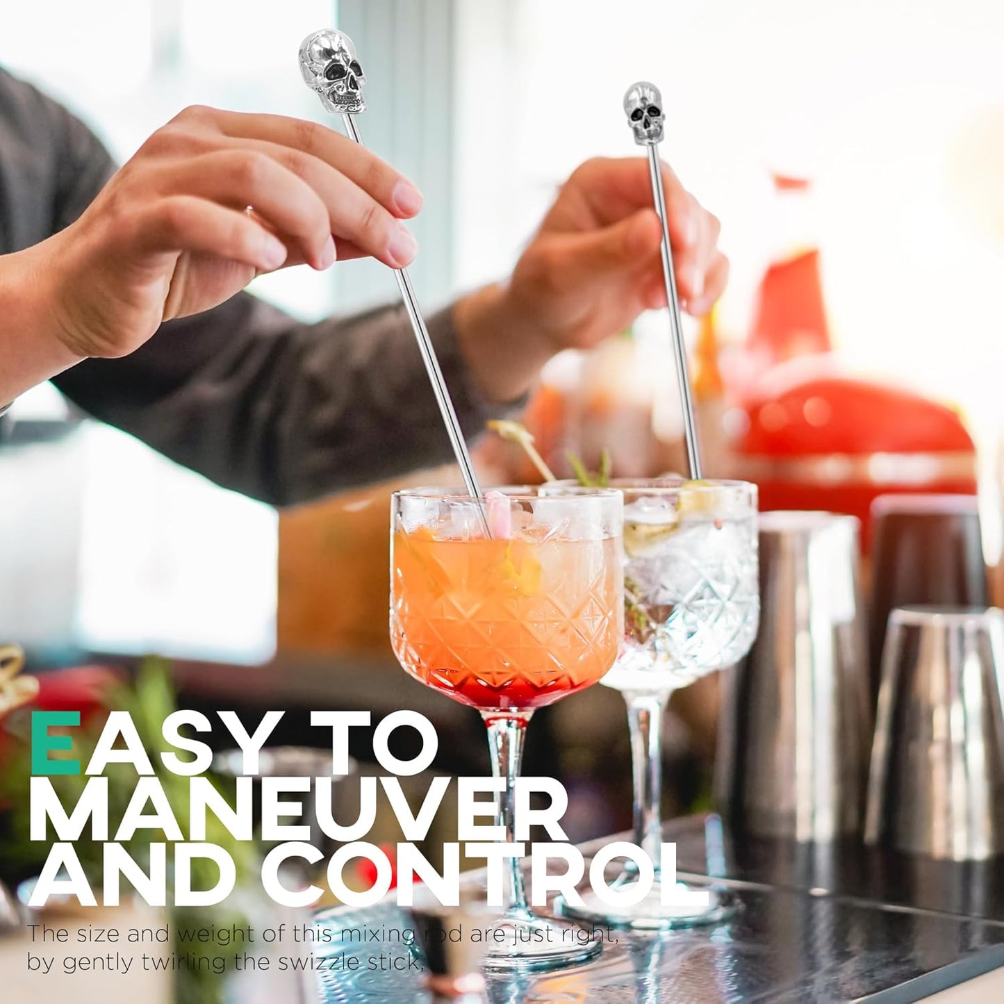 Homestia Coffee Stick Stainless Steel Swizzle Sticks Reusable Metal Stir Sticks Cocktail Coffee Drink Stirrer Spoon Beverage Cocktail Stirrers Stir with Skull Halloween Party (7.5'' Long, Set of 6)