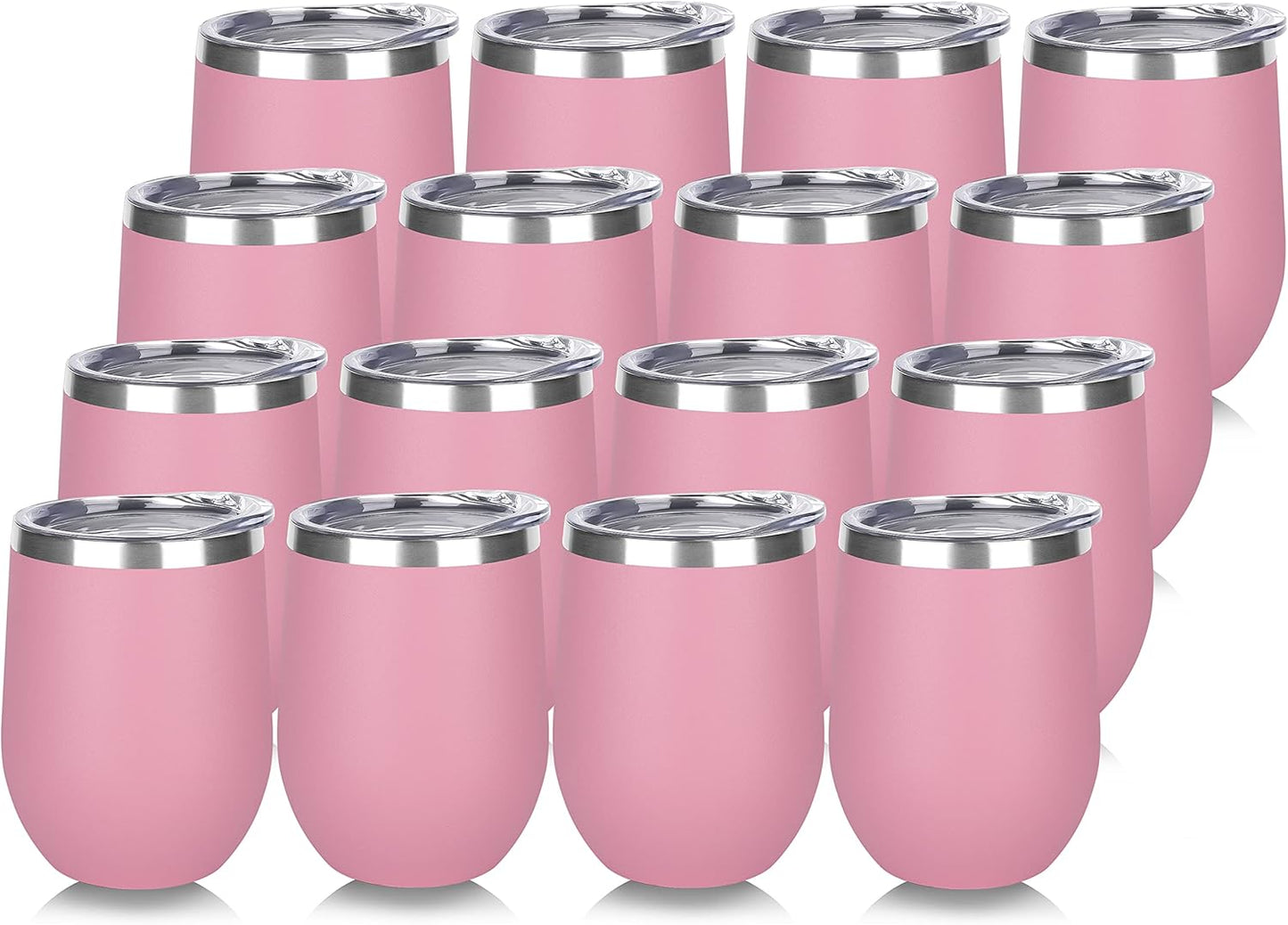 DOMICARE Stainless Steel Wine Tumbler Bulk with Lid, Personalized Insulated Tumblers Set, 12oz Travel Coffee Cups Pack of 16, Pink