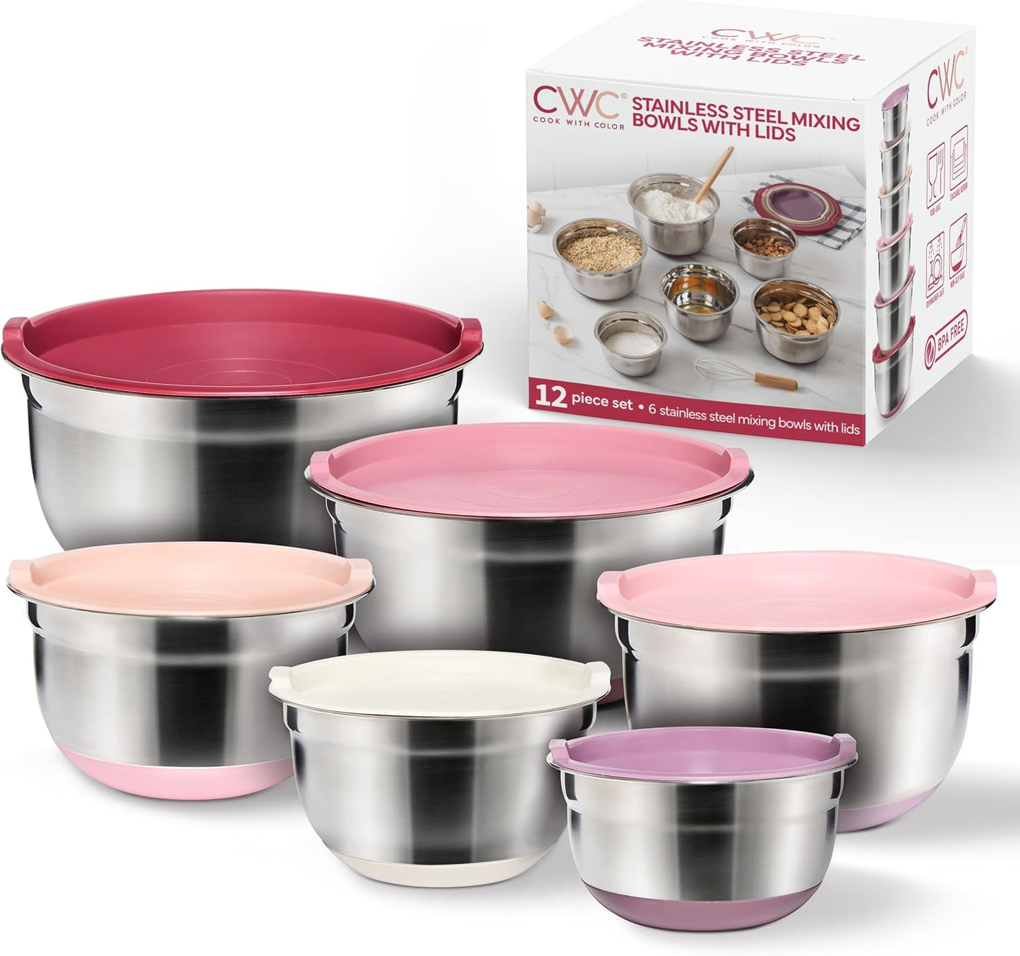 COOK WITH COLOR Stainless Steel Mixing Bowls Set with Lids - Nesting Bowls with Non-Slip Bottom, Rose, 12 Pieces