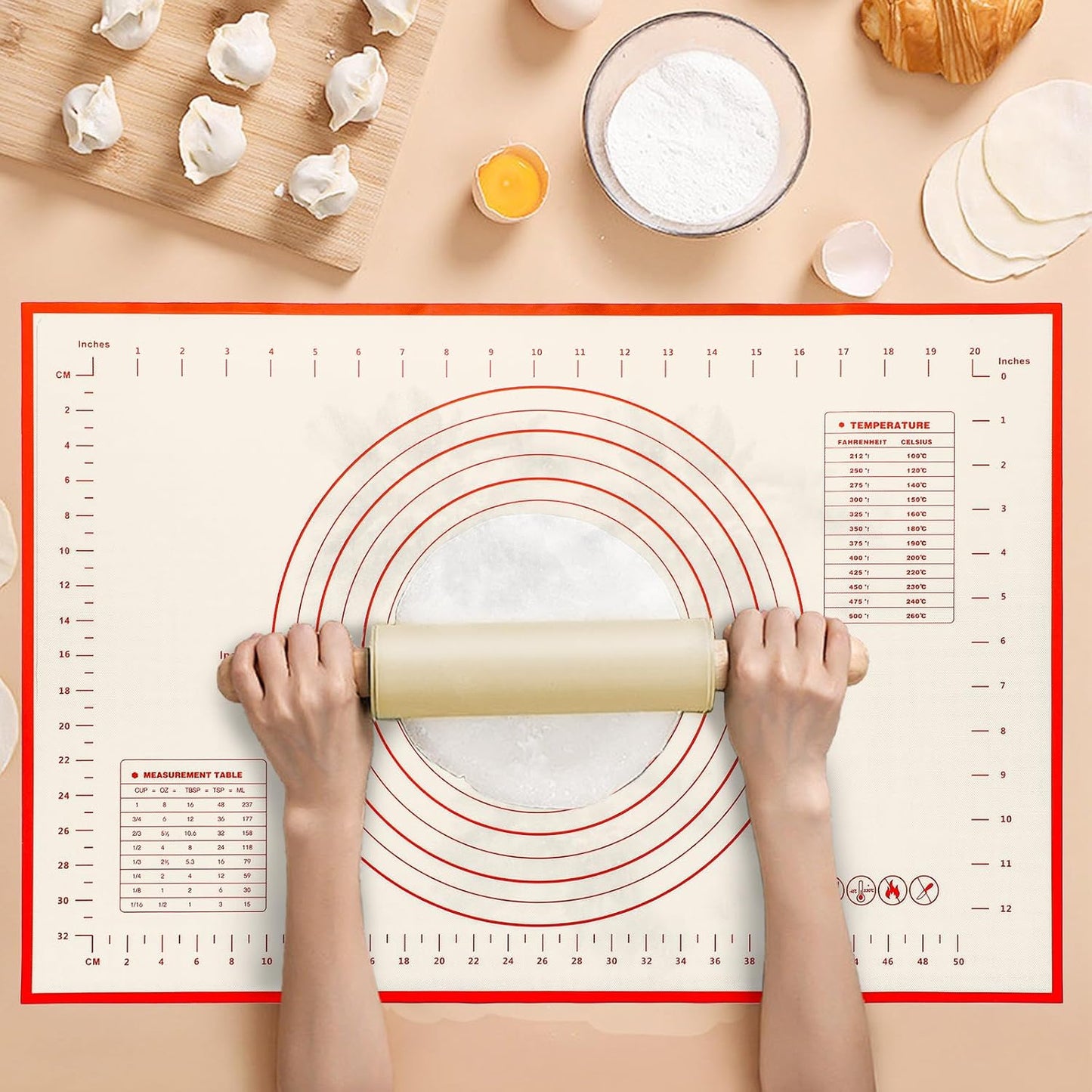 Silicone Baking Mat With Measurement Function Set of 3 Use Food Grade Silicone Ldeal for Dough Rolling Pie Crust Bread Making and Making Cookies (23.6×15.7,19.6×15.7, 15.7×11.8inch, Red)