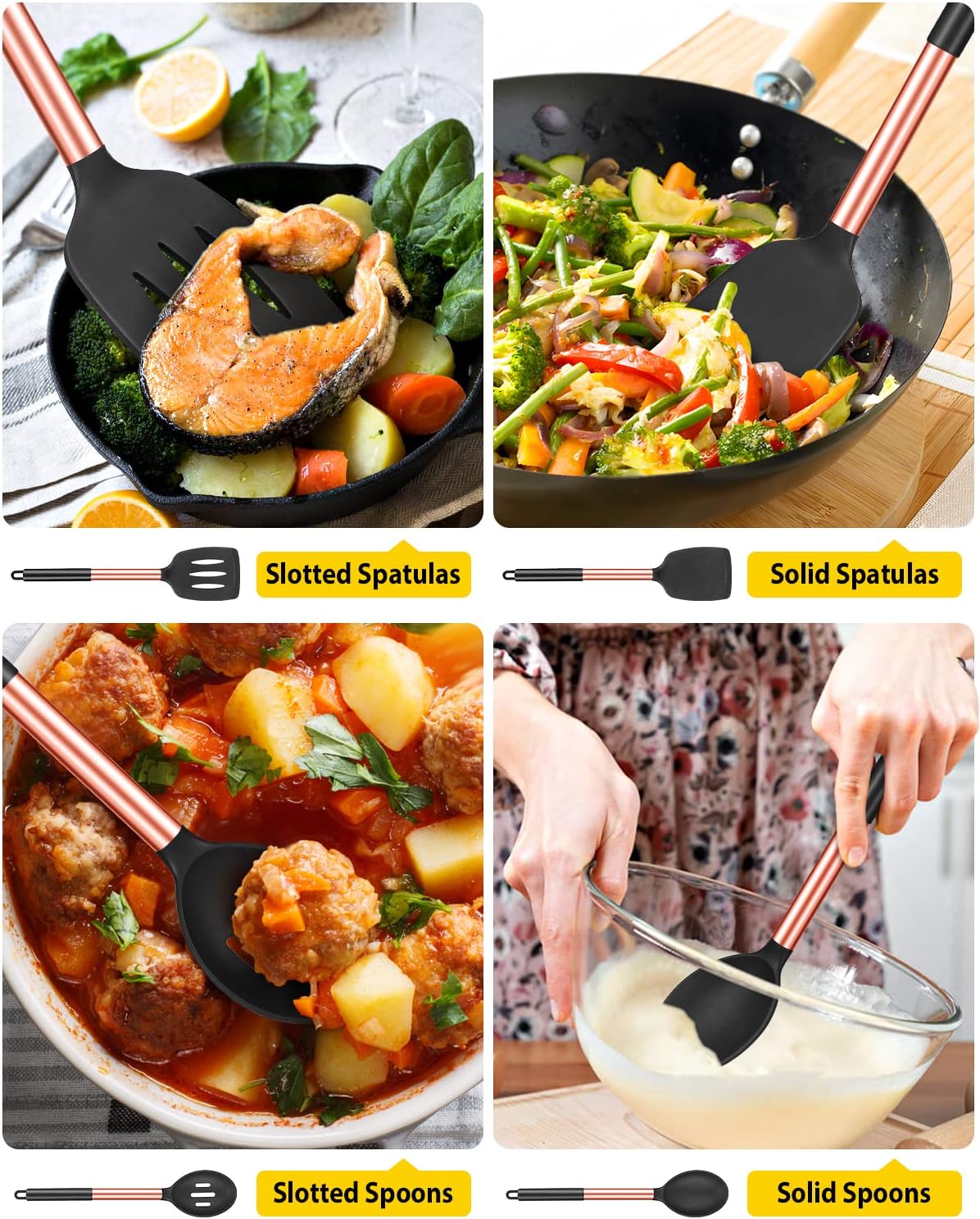 Pack of 4 Silicone Cooking Utensils Set, Non Stick Large Solid Spatulas, Heat Resistant Rose Gold Black Slotted Spoons, Ideal BPA Free Kitchen Turners for Frying, Mixing,Serving,Draining,Turning