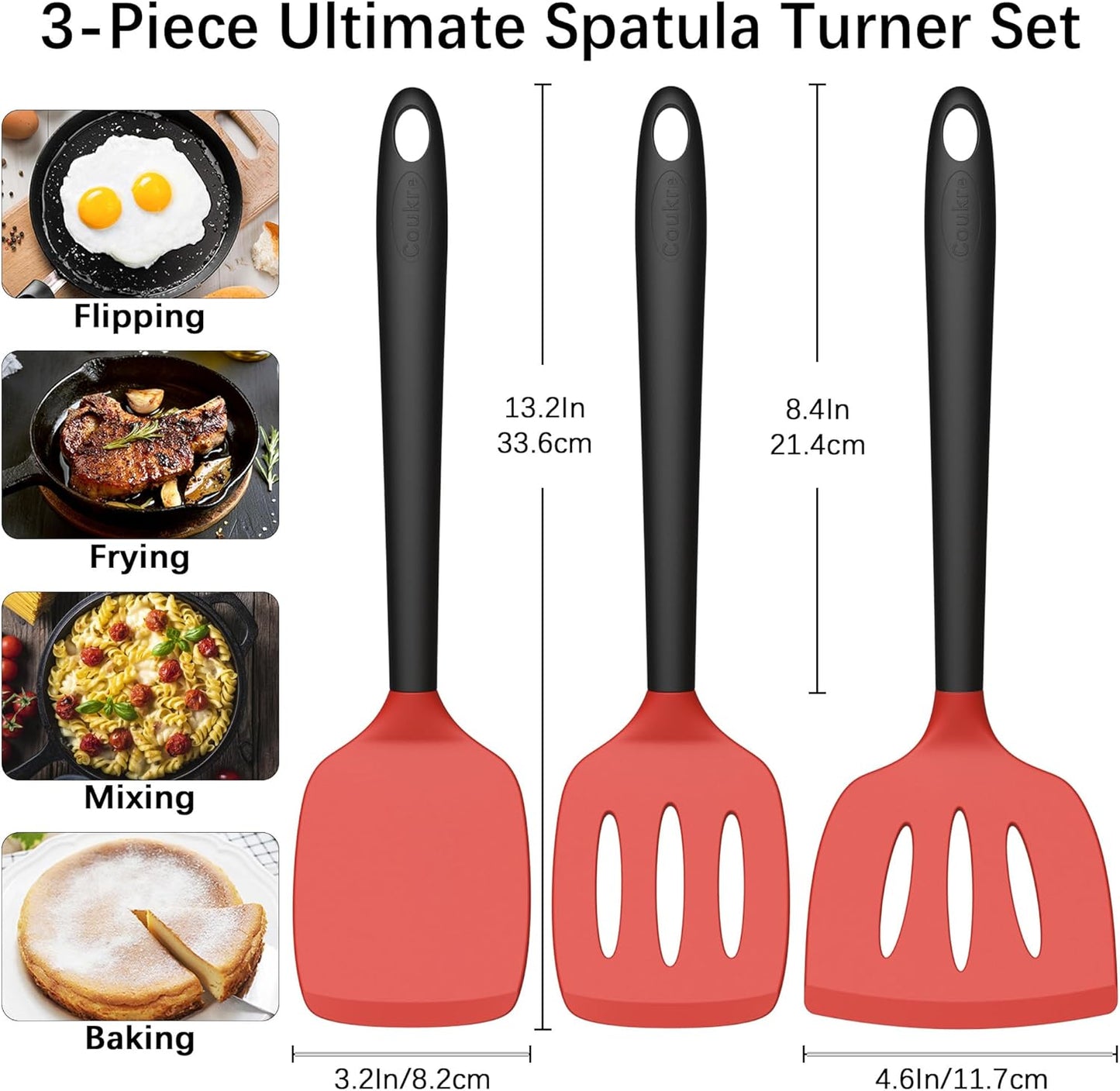 Coukre Silicone Spatula Set of 3, High Heat Resistant, BPA-Free, Kitchen Utensils, Fish Spatula, Solid & Slotted Turner for Non-Stick Pans, Flipping Eggs, Pancakes, Fish, Burgers (3, Red)
