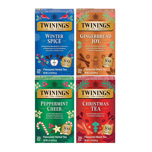 Twinings Holiday Variety Pack Tea Bags, Christmas Tea, Winter Spice, Gingerbread Joy, Peppermint Cheer, 20 Count (Pack of 4), Enjoy Hot or Iced, 80 Teabags