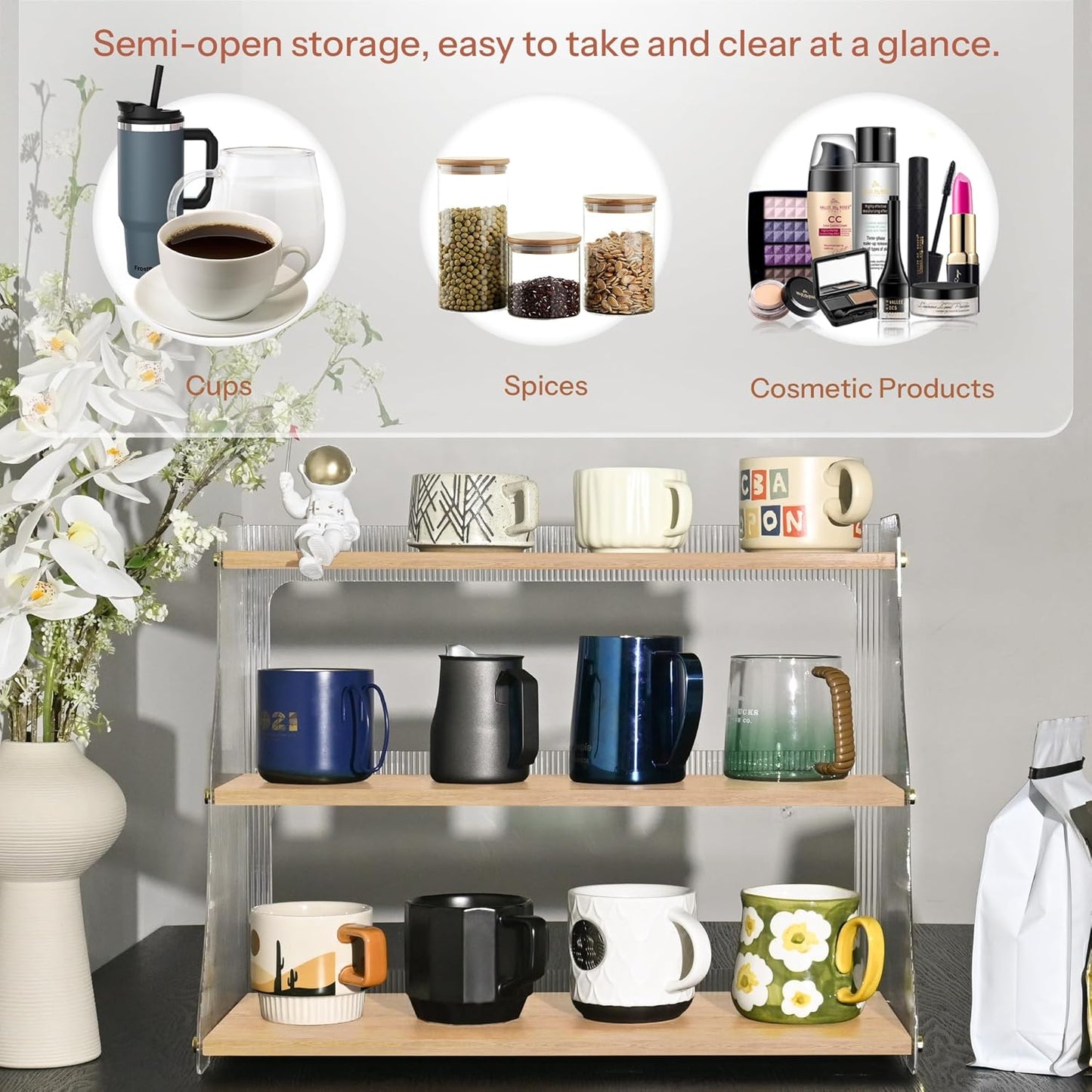 Coffee Mug Holder Wooden Cup Rack,3-Tier Acrylic Home Coffee Mug Display Rack for Kitchen Countertops, Coffee Bars, for Placing Mugs, Coffee Beans, Syrup, Cups, Stirrers ﻿