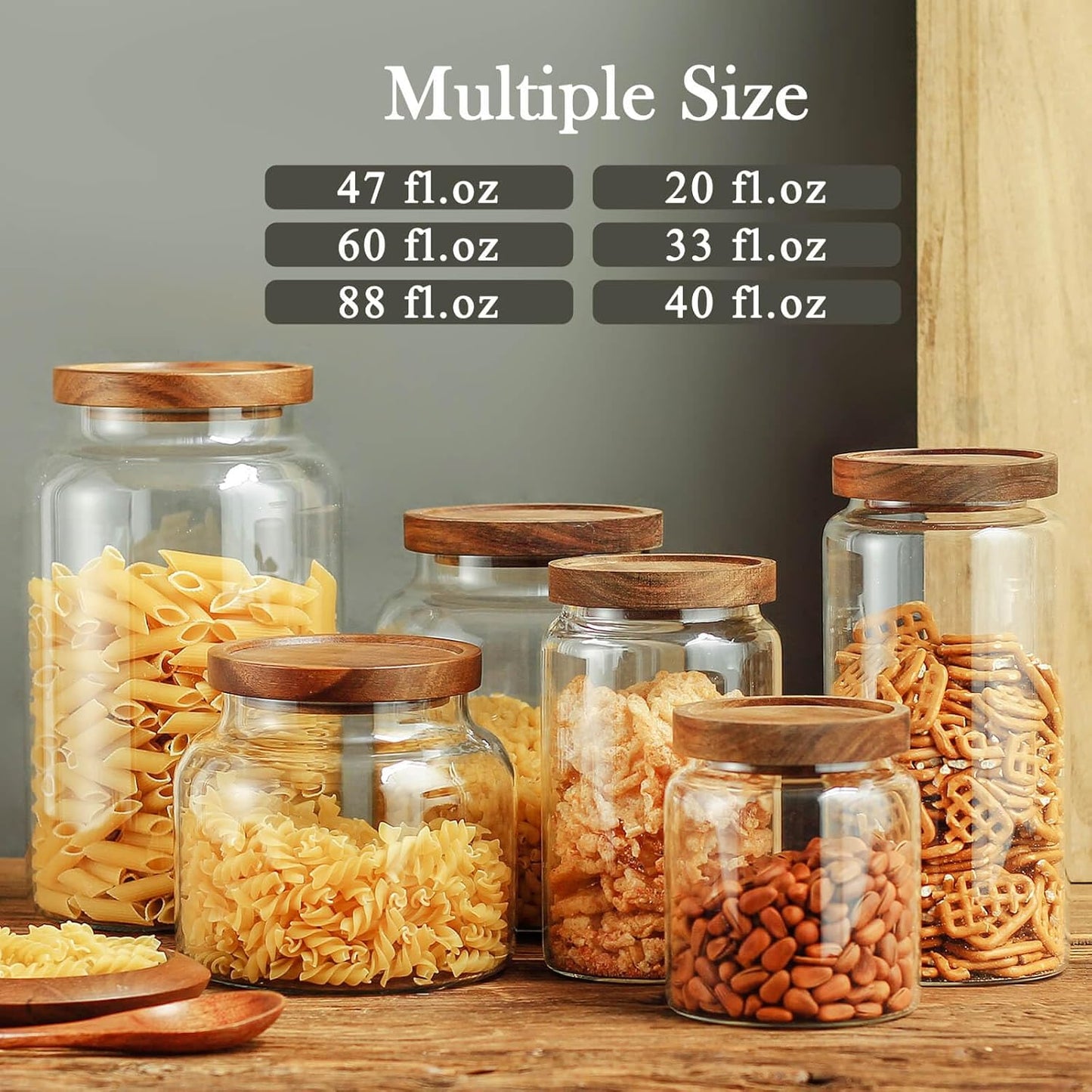 Labina Glass Storage Container Airtight Food Jars Kitchen Canister with Wood Lids, 33 Oz Wide Mouth Pantry Organization Glass Jar for Flour, Sugar, Cookie, Spagetti, Nuts and Candy