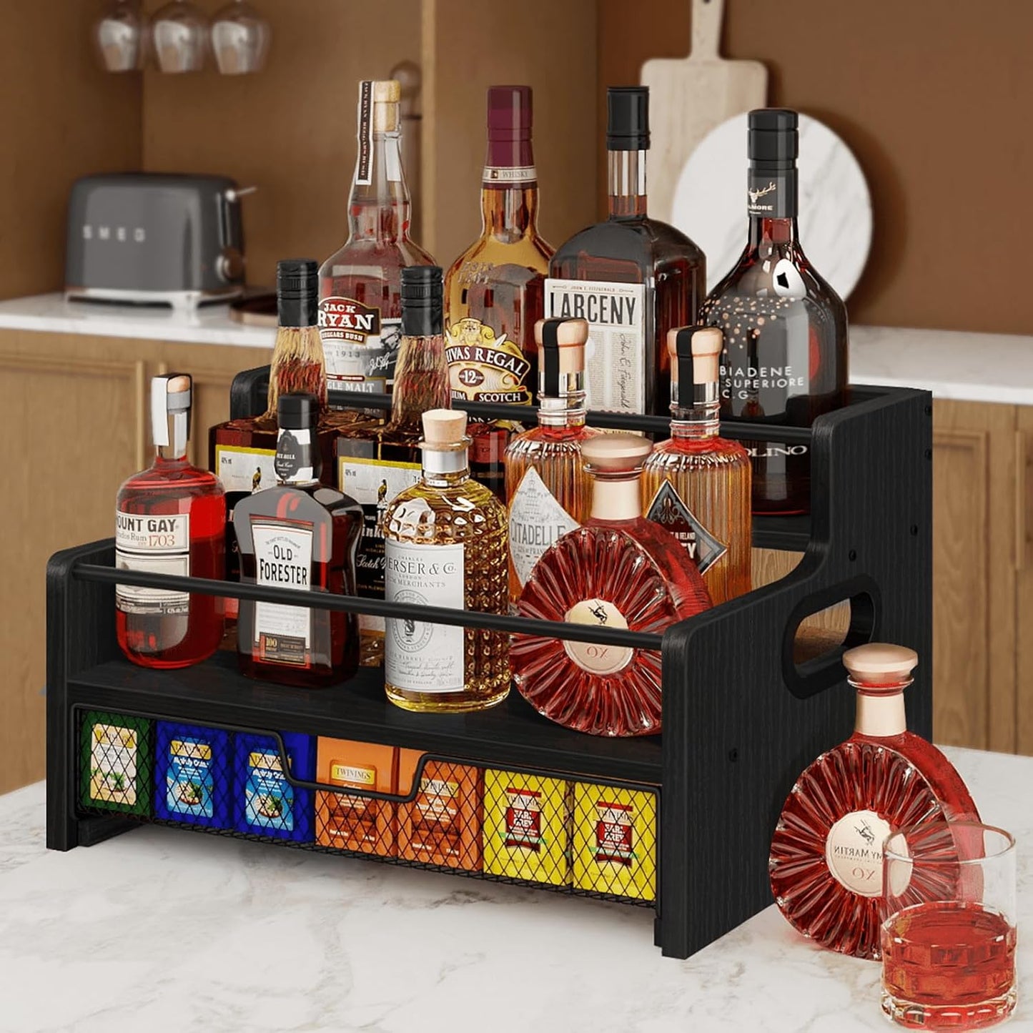 Homode 3-Tier Coffee Bar Organizer, 8 Bottle Syrup Stand with 35 Coffee Pod Storage Drawer, Rustic Wood & Metal Countertop Liquor Bottle Holder for Kitchen, Black