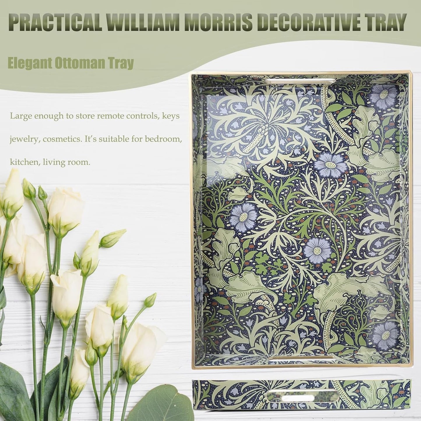 Spsyrine Serving Tray with Handles, Plastic Decorative Tray for Coffee Table, Living Room, Home Decor, Seaweed