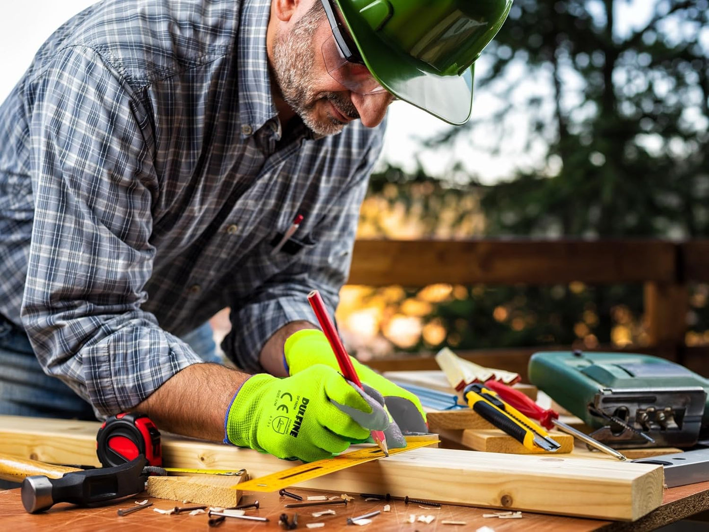 DULFINE Safety Work Gloves for Men PU Coated 12 Pairs Bulk Pack,Hi-Vis Yellow Seamless Knit Glove with thin Polyurethane Coated Smooth Grip on Palm & Fingers, Ideal for General Duty Work (Large)