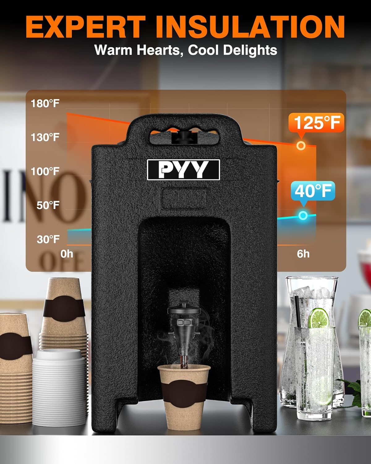 Insulated Beverage Dispenser 2.5 Gallon, Hot and Cold Drink Water Pitcher Coffee Carafe with Spigot Handle and Stand, Commercial Thermal Urn for Chocolate Cocoa Iced Juice Tea Milk Punch Outdoor Party