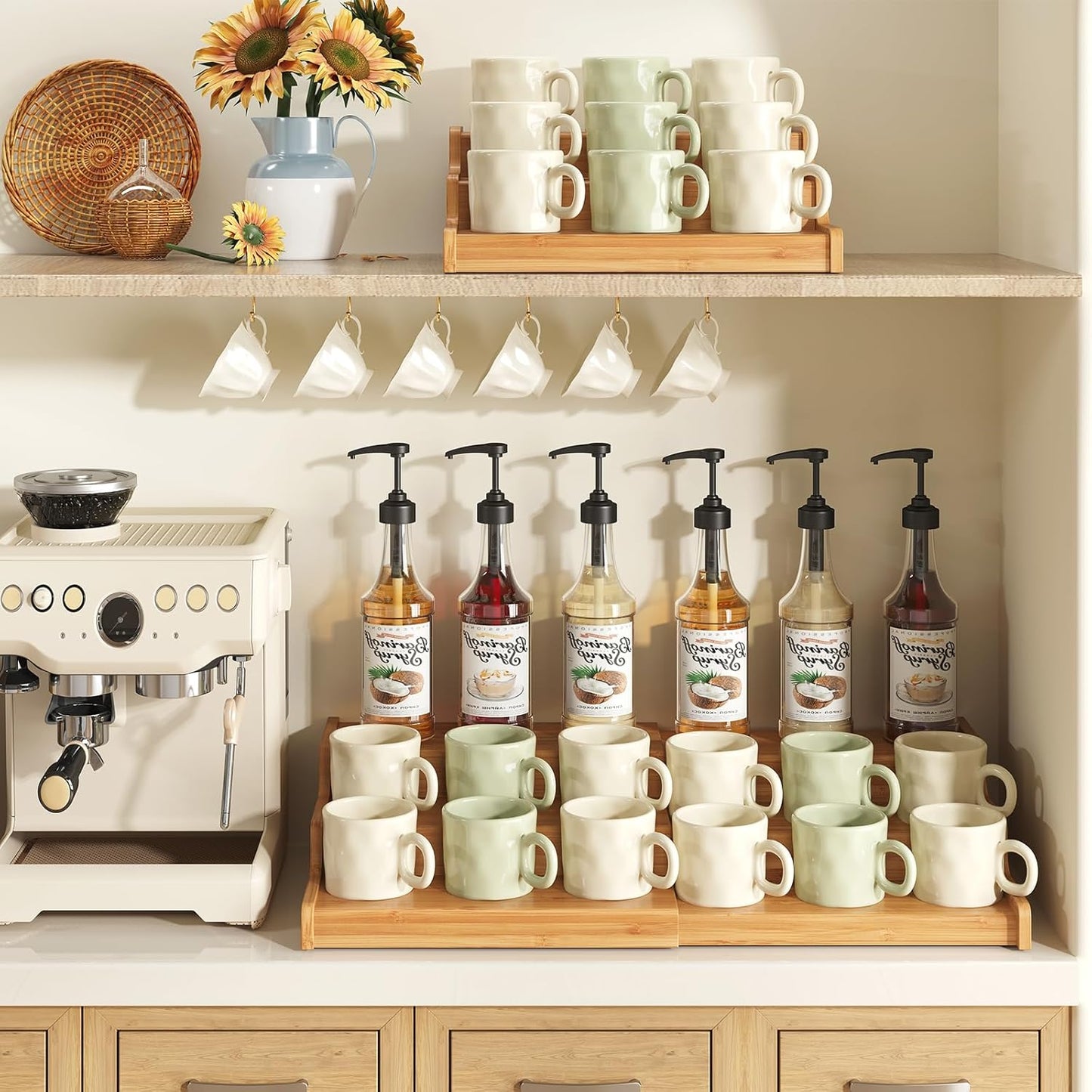 3-Tier Expandable Bamboo Mug Holder For Countertop Coffee Cup Holder Display Mug Organizer Mug Rack for Coffee Bar Organizer Mug Shelf for Cabinet for Kitchen, Home