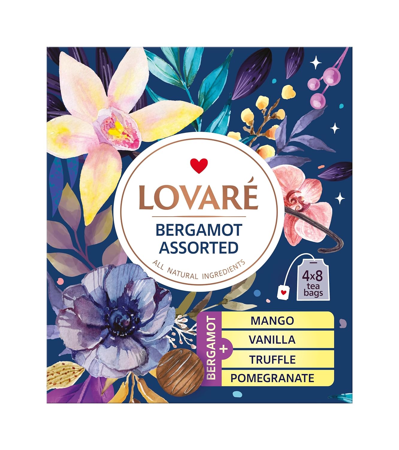 LOVARE Bergamot Assorted Tea Variety Pack 32 Pack, 4 Tastes - Made in Ukraine - Black Tea Bags Individually Wrapped - Assorted Tea Bags Variety Pack with Vanilla, Truffle, Mango, Pomegranate Flavors