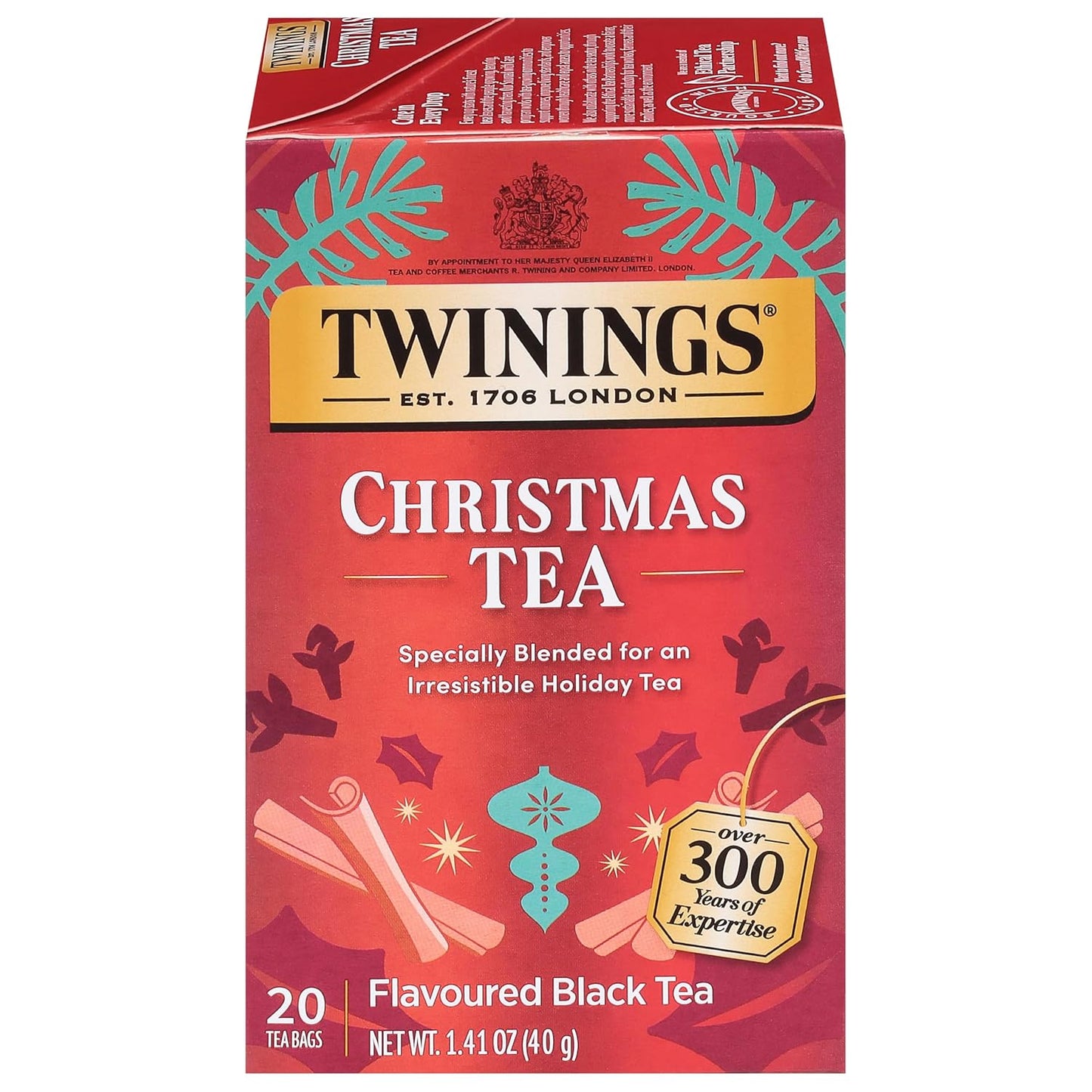 Twinings Christmas Black Tea Individually Wrapped Bags, 20 Count (Pack of 1), Aromatic Cinnamon & Clove, Caffeinated, Enjoy Hot or Iced, 20 Teabags