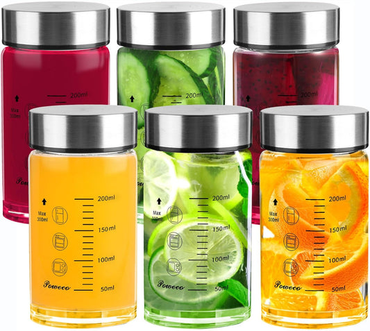 Glass Juice Bottles 6 Pack 10 oz - Wide Mouth Glass Water Bottles with Lids - for Juicing, Protein, Smoothie, Milk, Reusable, BPA Free, Stainless Steel Lids, Blender, Shaker Bottle (10oz/300ml)