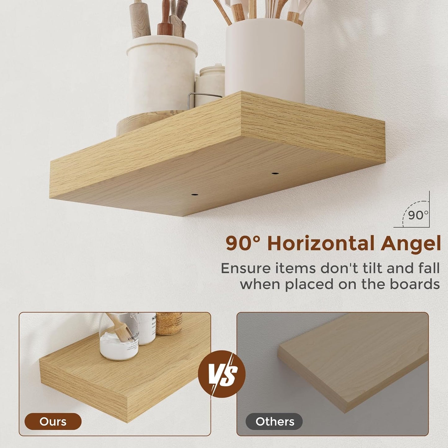 Heimlove 16 Inch Floating Shelves for Wall Oak Shelves Set of 2,Wall Mounted Rustic Wood 8 Inch Deep Floating Shelf with Invisible Brackets for Bedroom Kitchen Living Room