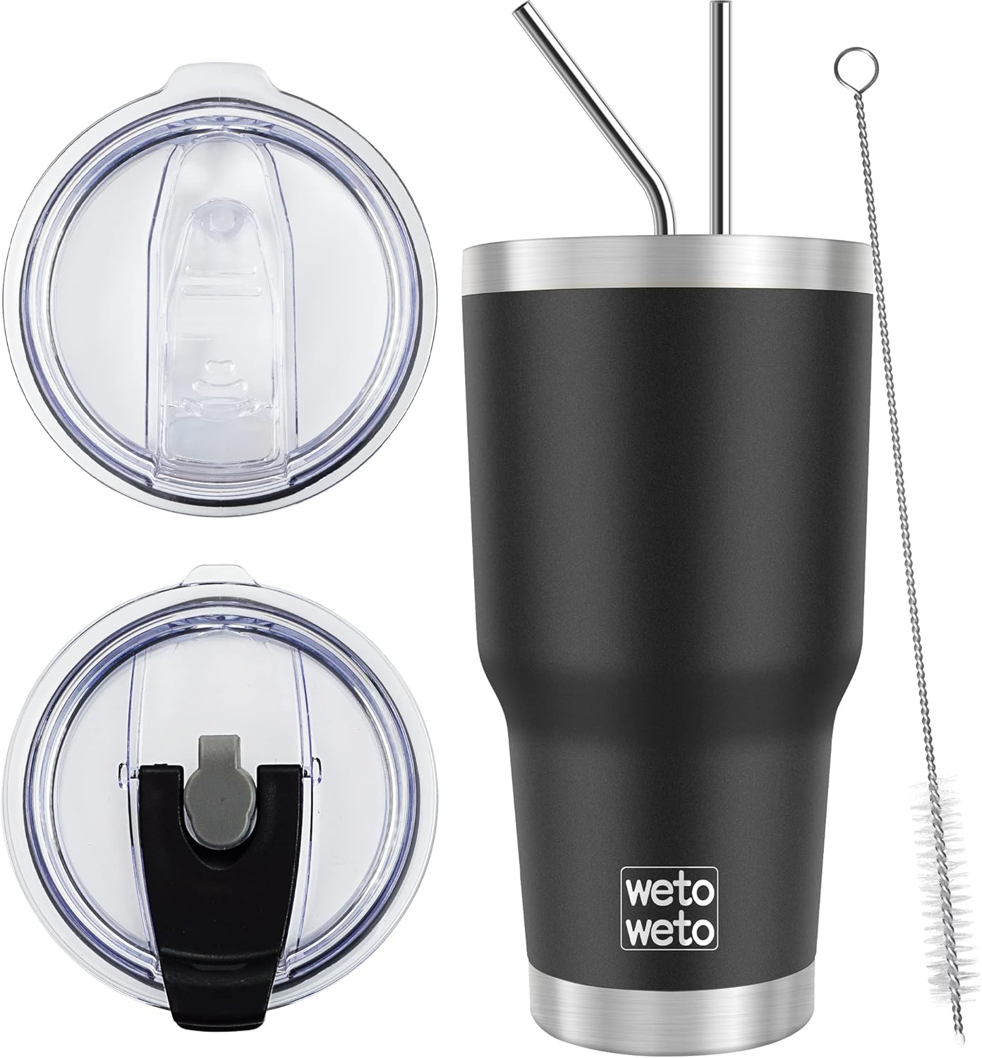 WETOWETO 30 oz Insulated Tumbler With 2 Lids and 2 Straws, Stainless Steel Double Vacuum Coffee Tumbler Cup, Powder Coated Travel Mug for Home, Office, Travel, Party (Black, 1 Pack)
