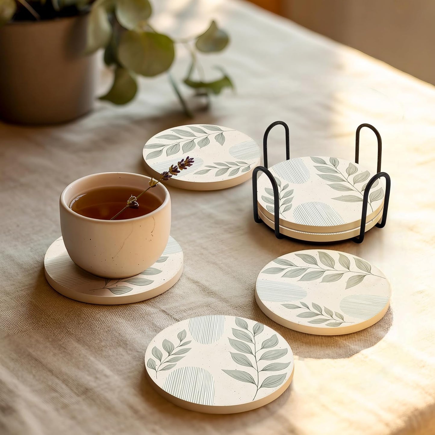 VEYRO Coasters Set of 6 for Drinks – Absorbent Ceramic Stone Drink Coasters with Cork Backing for Coffee Table & Desk, Modern Boho Look Cup Coaster Set, Housewarming Gift for New Home