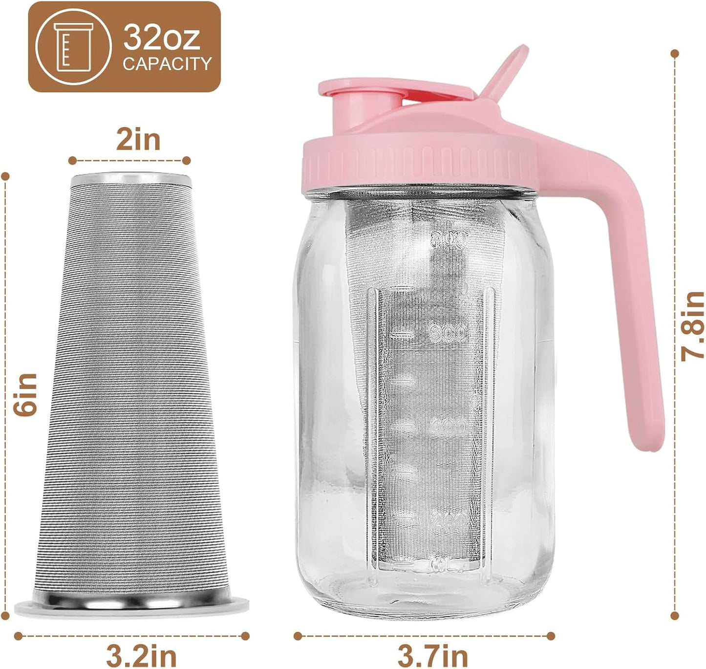 Cold Brew Coffee Maker,32 oz Mason Jar Pitcher with Stainless Steel Filter, Pour Spout Handle Lid, Heavy Duty Glass Airtight & Leak-Proof Pitcher for iced coffee Tea Lemonade-Pink