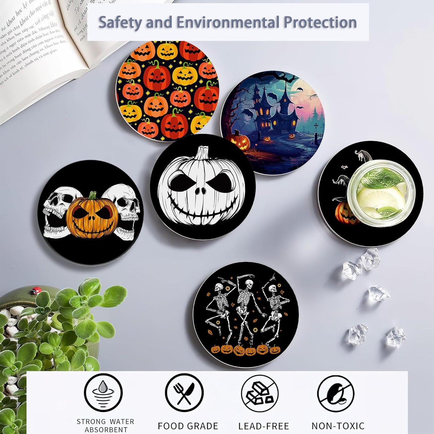 Coaster for Drinks Set of 6, Halloween Skeleton Skull Pumpkin Absorbing Round Ceramic Stone Coaster with Cork Base,Tabletop Protection Mat for Mugs and Cups,Coffee Table Wine Glass Home Bar 4 Inch
